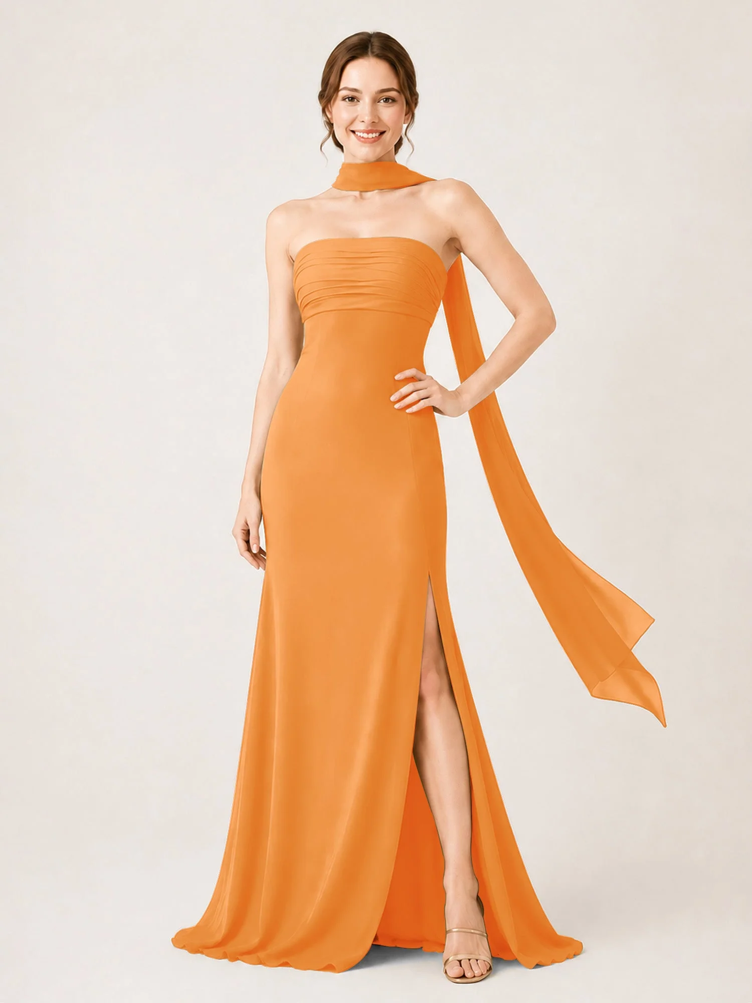 Chiffon Maxikleid mit Hohem Schlitz und Choker Band Orange