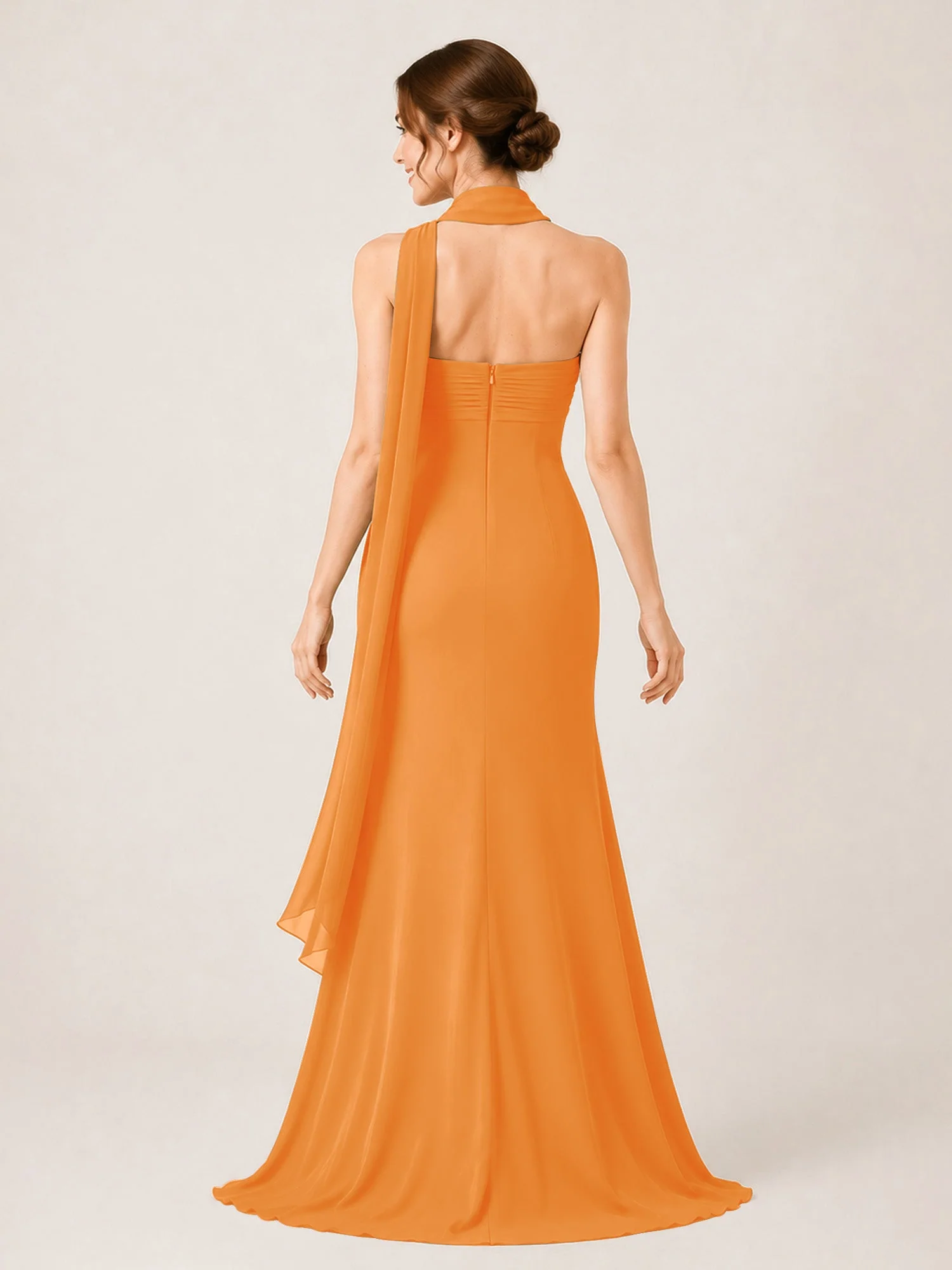 Chiffon Maxikleid mit Hohem Schlitz und Choker Band Orange - Image 2