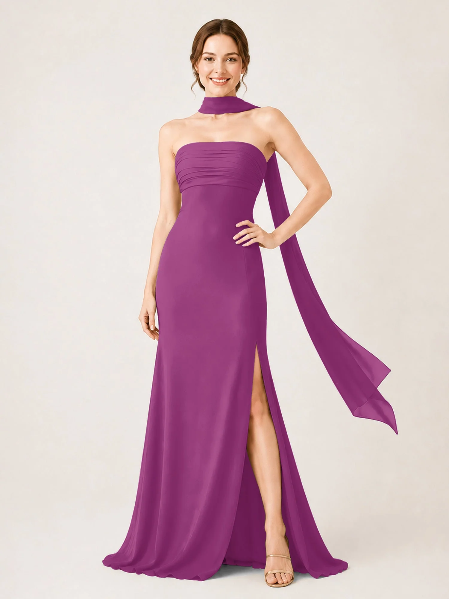 Chiffon Maxikleid mit Hohem Schlitz und Choker Band Orchidee