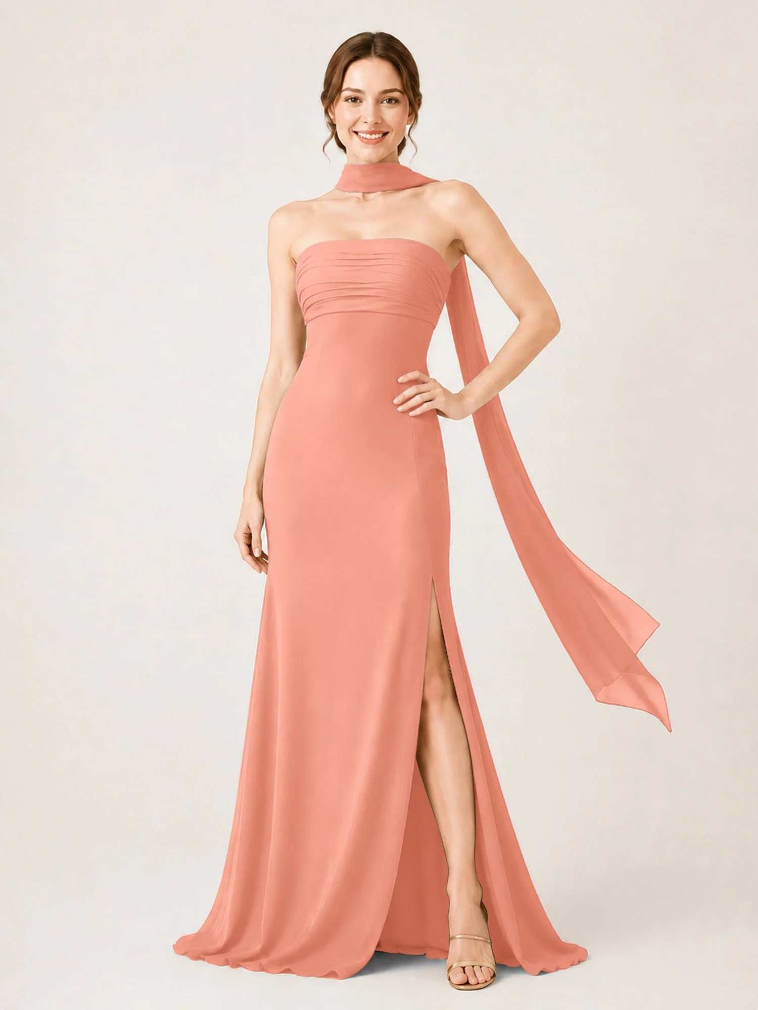 Chiffon Maxikleid mit Hohem Schlitz und Choker Band Papaya