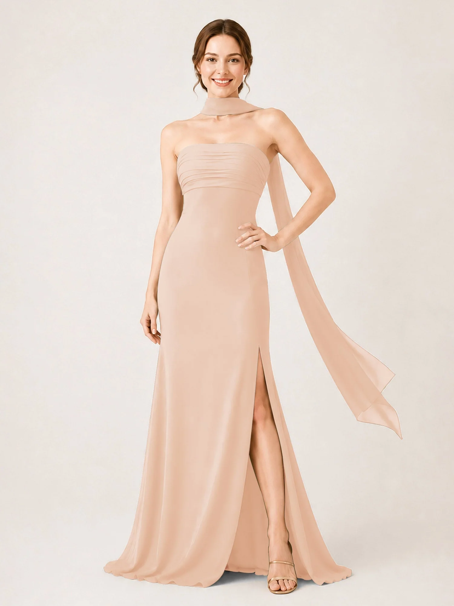 Chiffon Maxikleid mit Hohem Schlitz und Choker Band Perlrosa