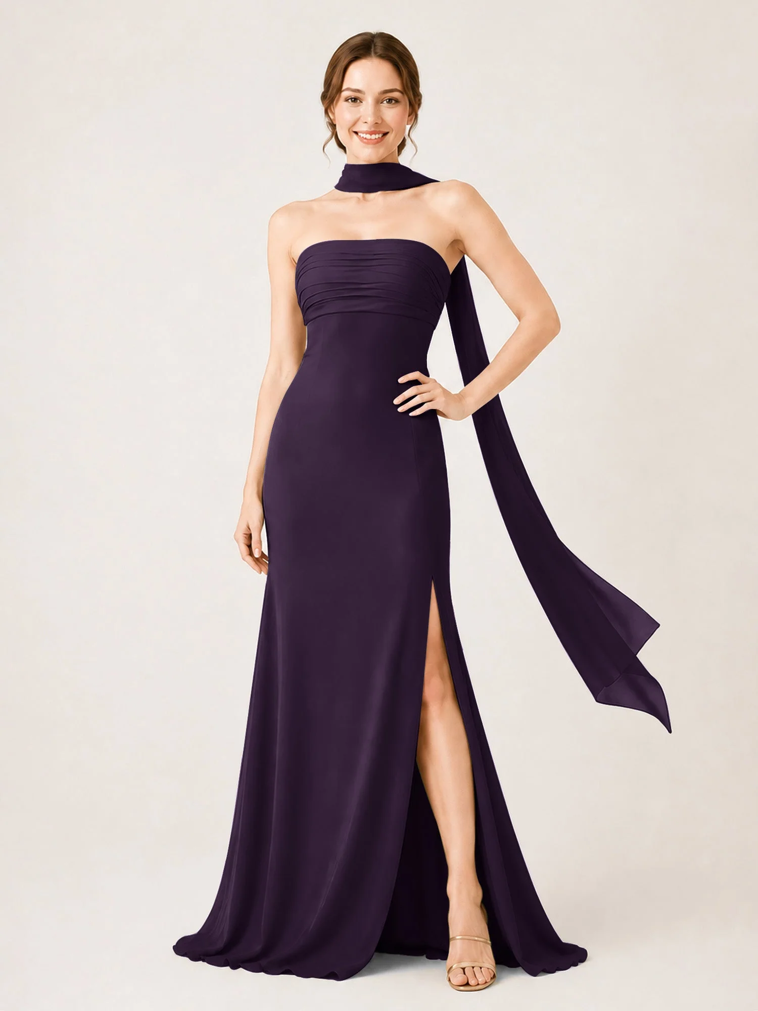 Chiffon Maxikleid mit Hohem Schlitz und Choker Band Plum