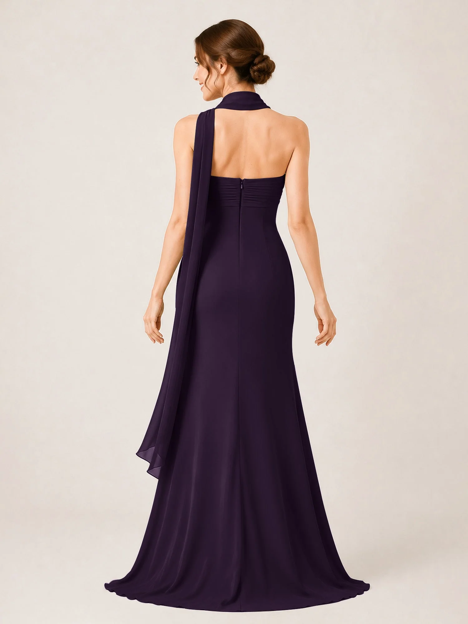 Chiffon Maxikleid mit Hohem Schlitz und Choker Band Plum - Image 2