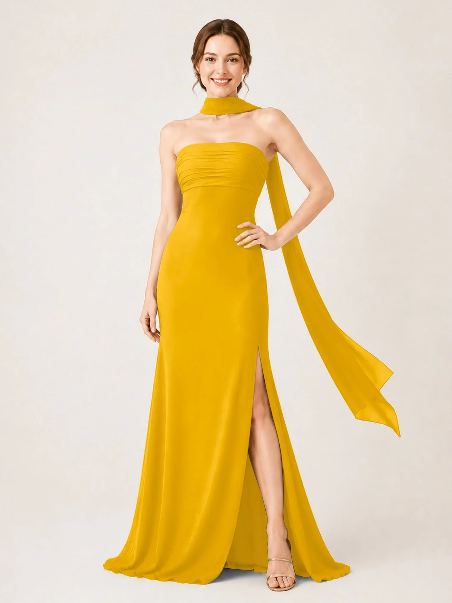 Chiffon Maxikleid mit Hohem Schlitz und Choker Band Ringelblume