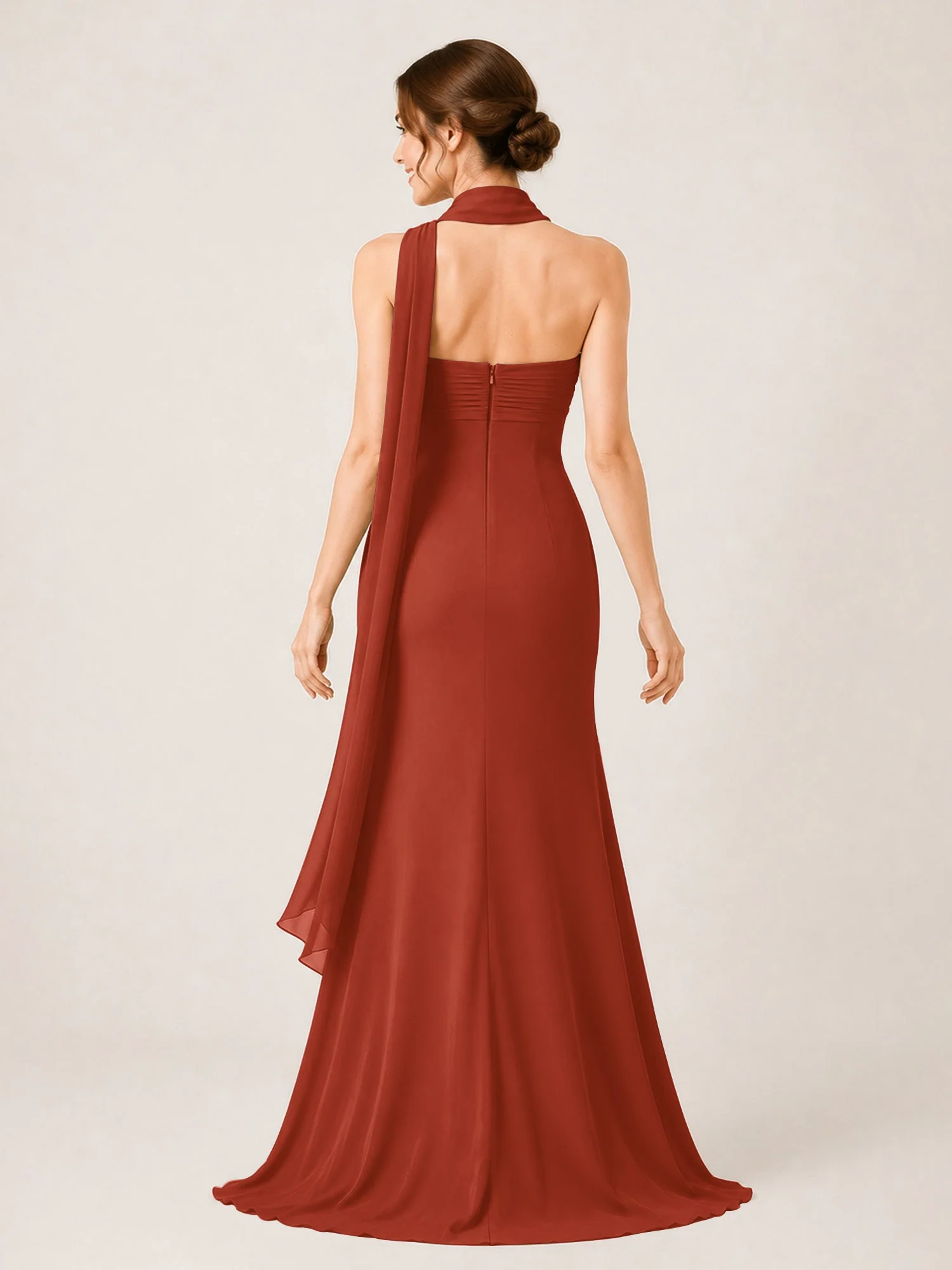 Chiffon Maxikleid mit Hohem Schlitz und Choker Band Rost - Image 2