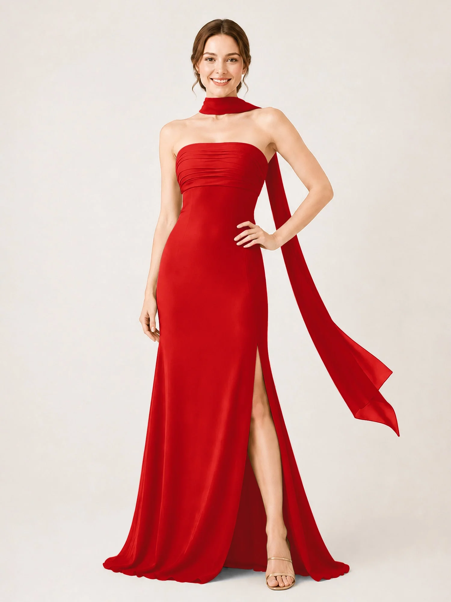 Chiffon Maxikleid mit Hohem Schlitz und Choker Band Rot