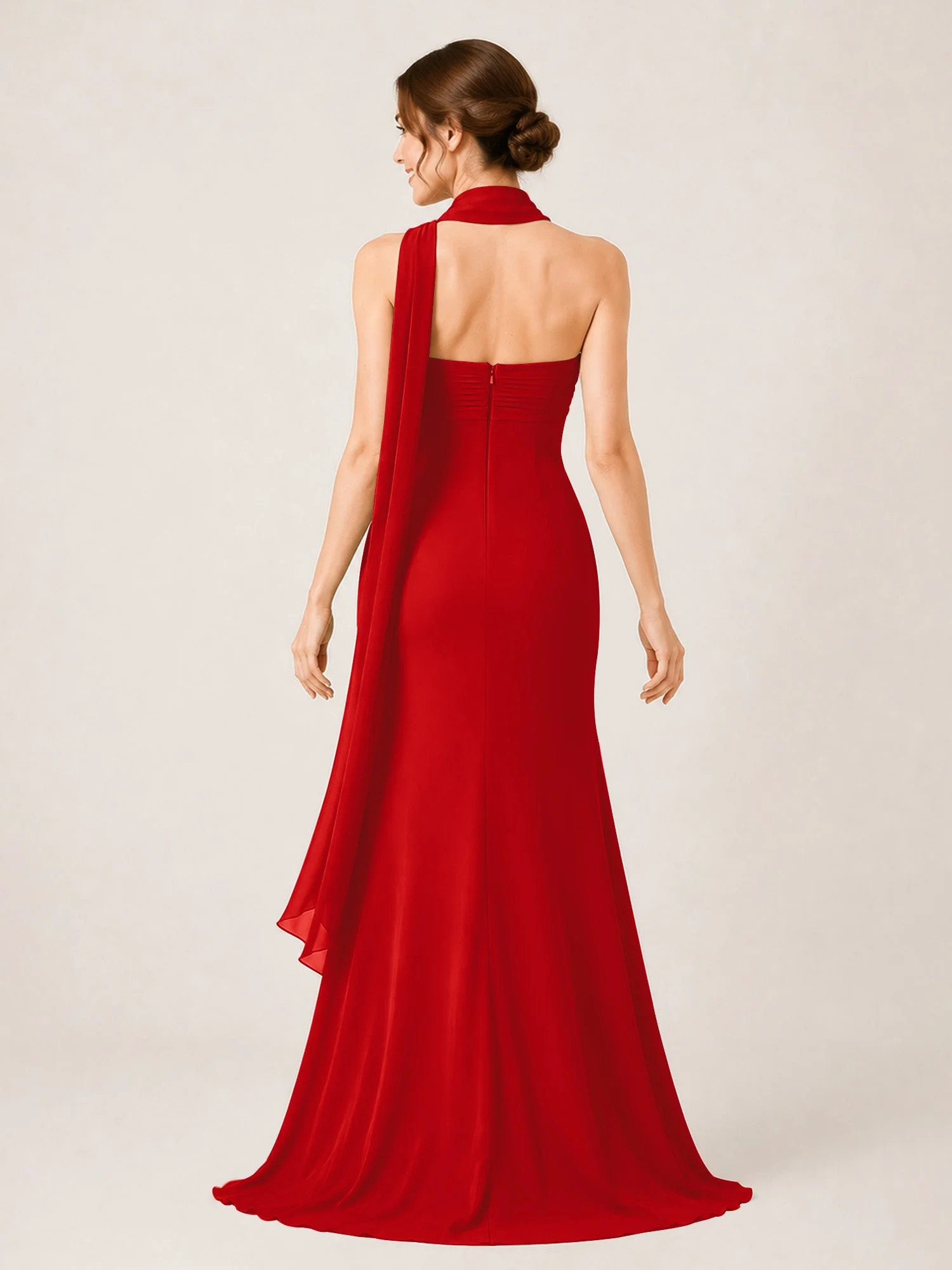 Chiffon Maxikleid mit Hohem Schlitz und Choker Band Rot - Image 2