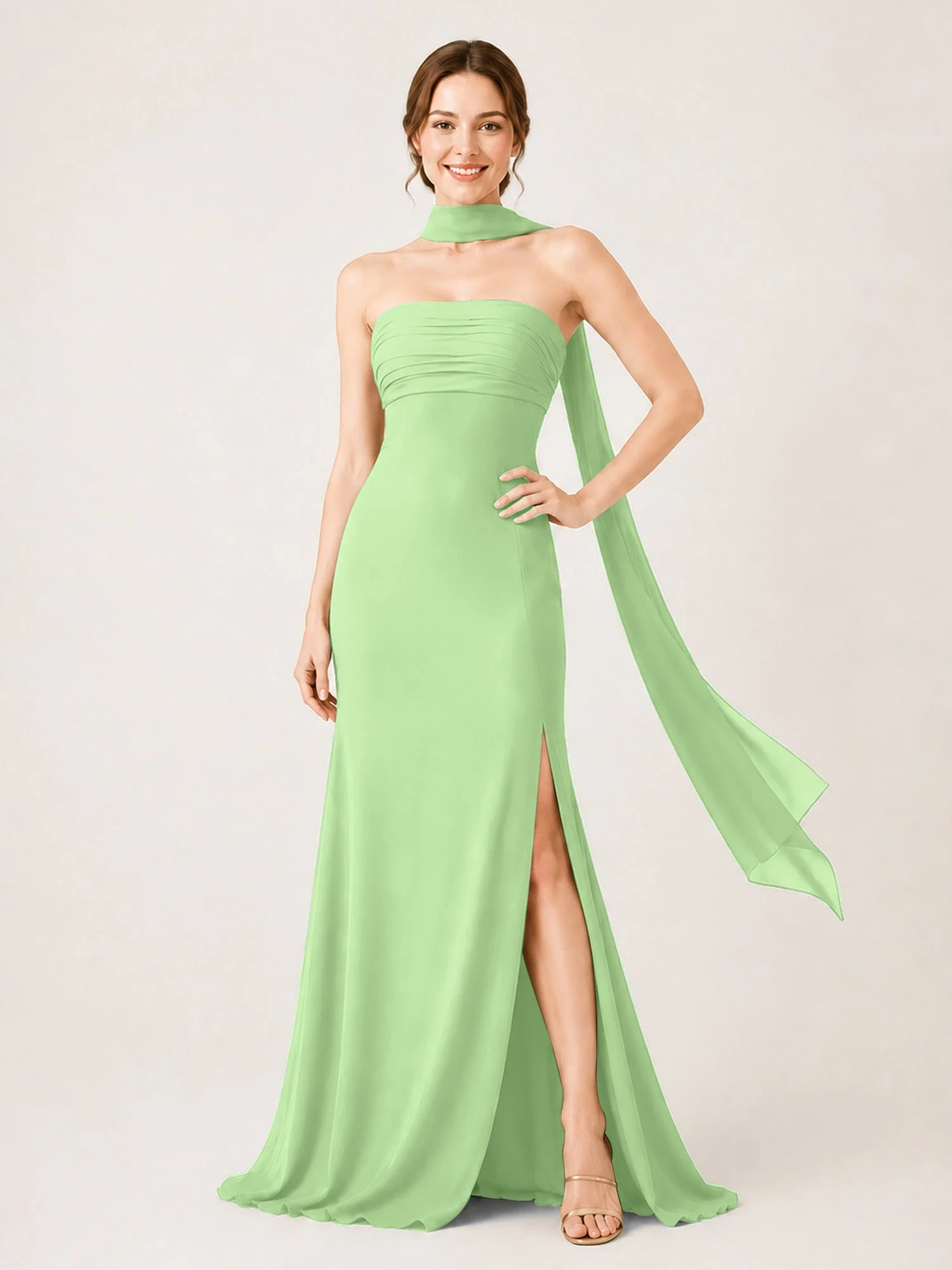 Chiffon Maxikleid mit Hohem Schlitz und Choker Band Salbei