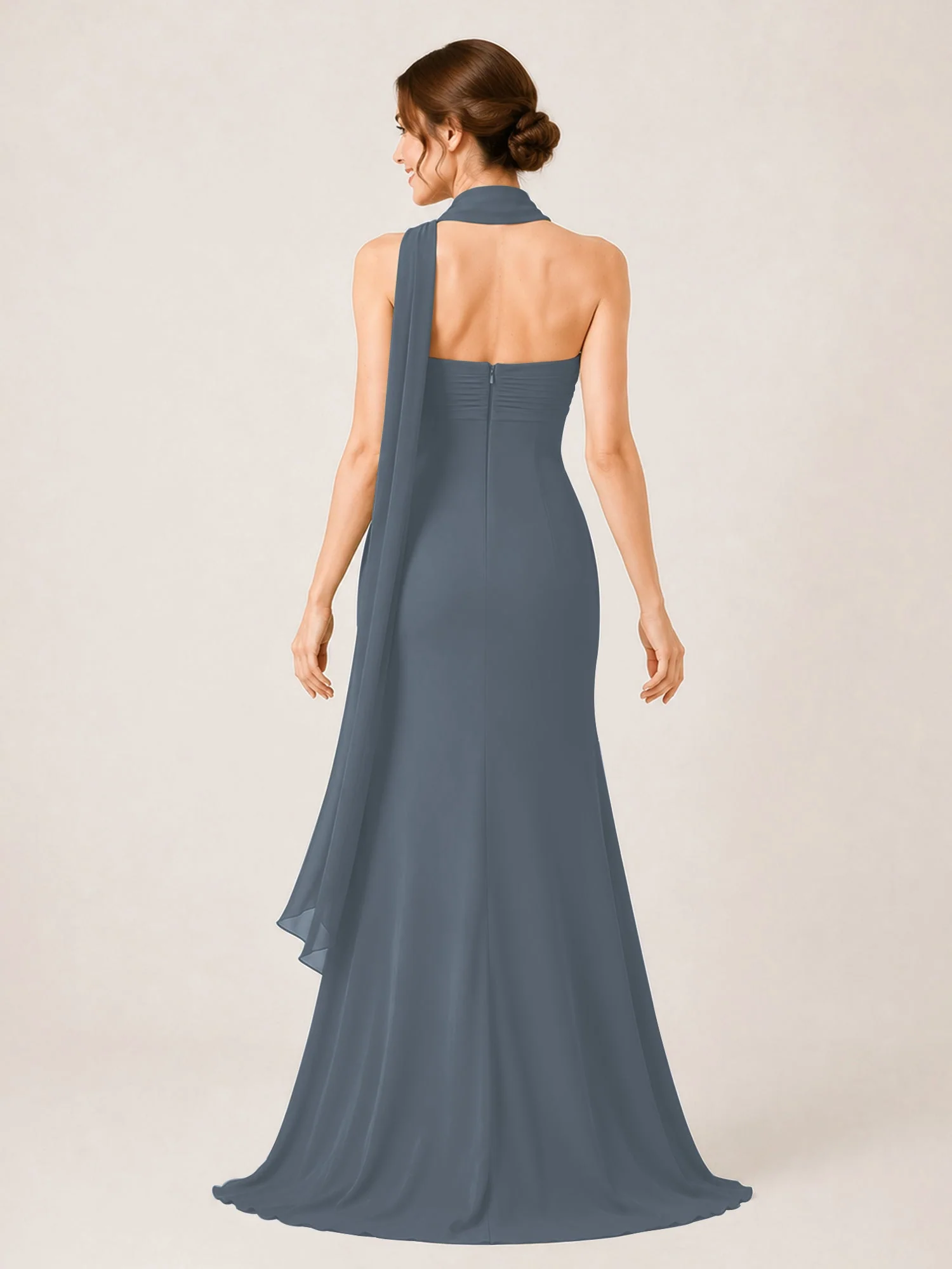 Chiffon Maxikleid mit Hohem Schlitz und Choker Band Schiefer Blau - Image 2