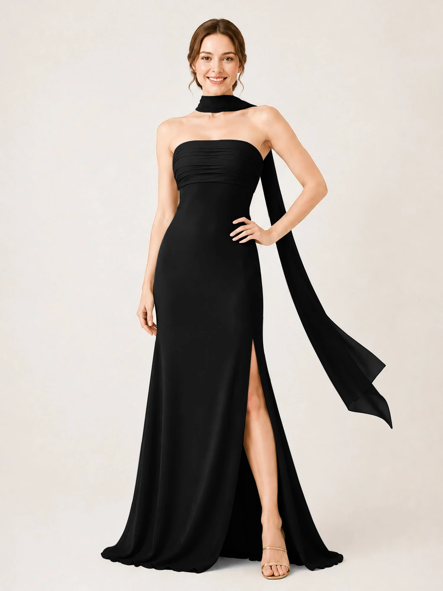 Chiffon Maxikleid mit Hohem Schlitz und Choker Band Schwarz