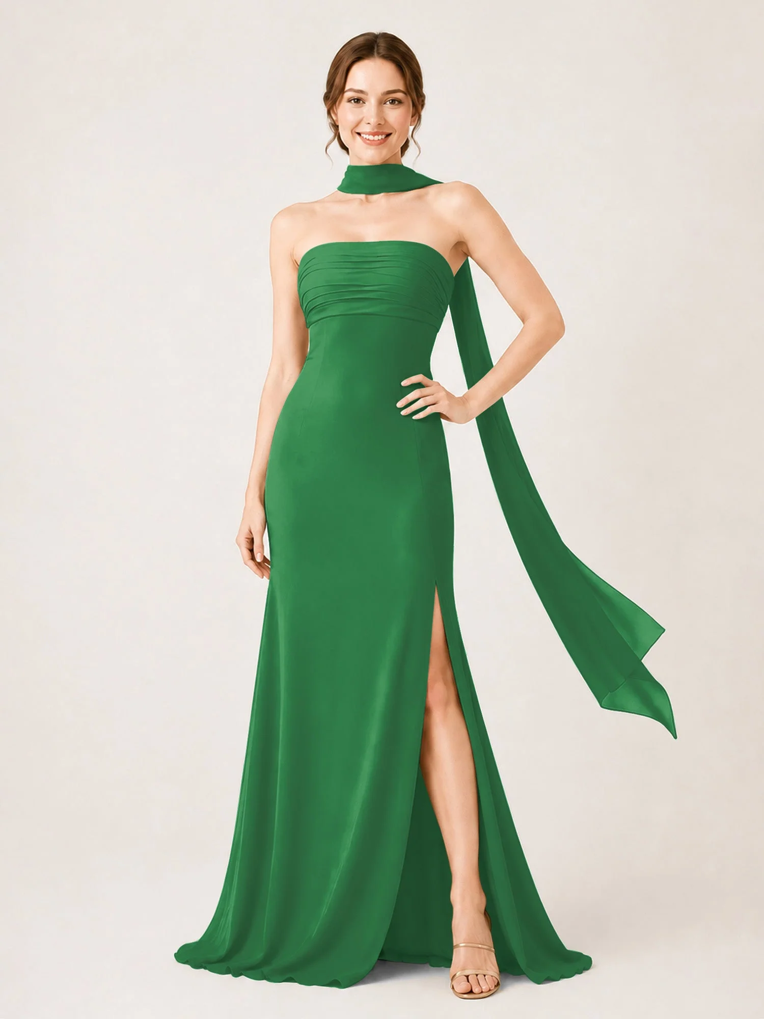 Chiffon Maxikleid mit Hohem Schlitz und Choker Band Smaragd