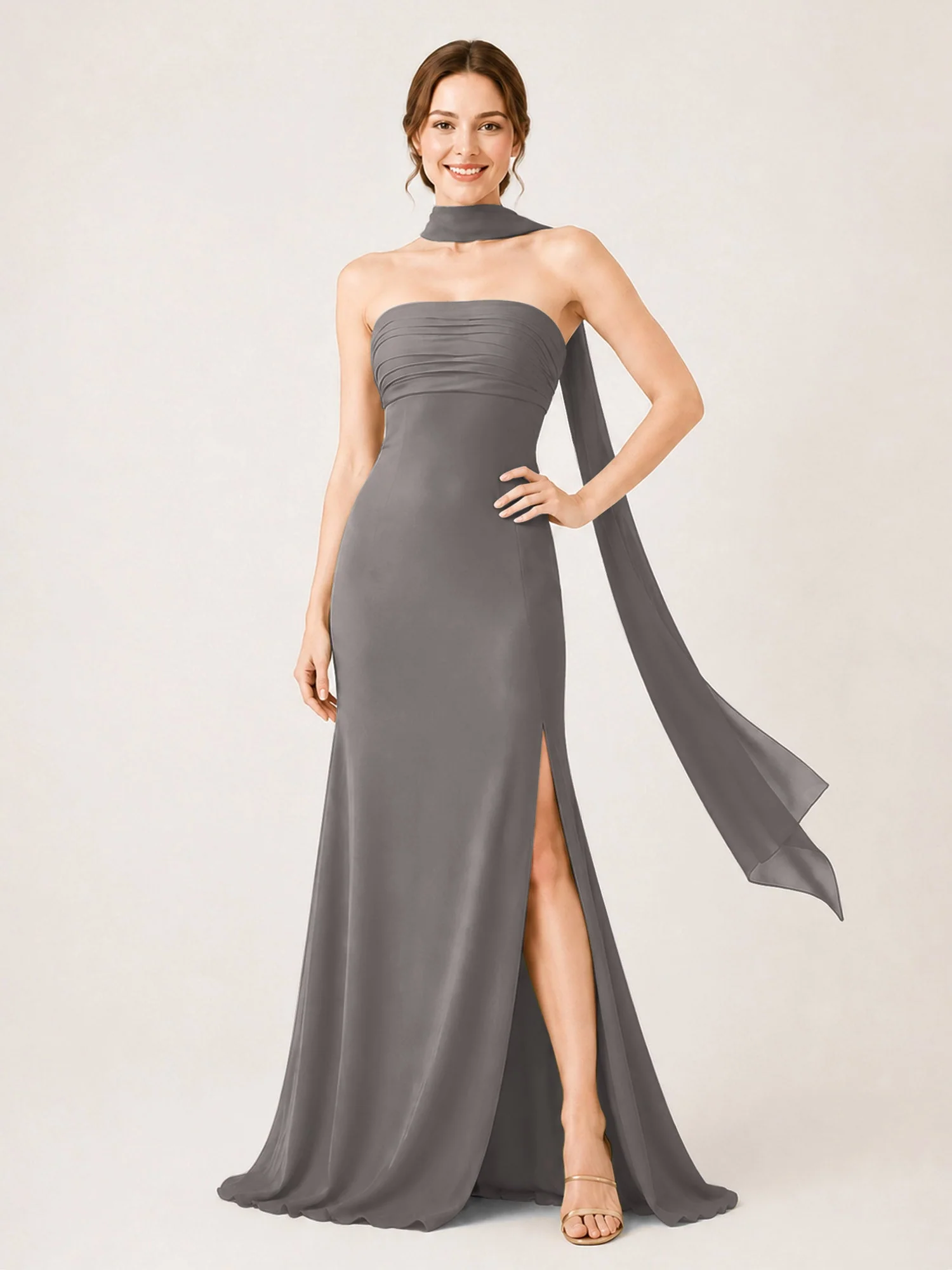Chiffon Maxikleid mit Hohem Schlitz und Choker Band Stahlgrau