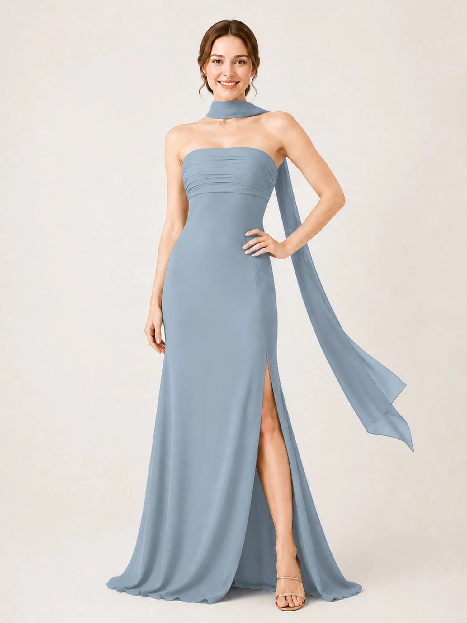 Chiffon Maxikleid mit Hohem Schlitz und Choker Band Staubiges Blau