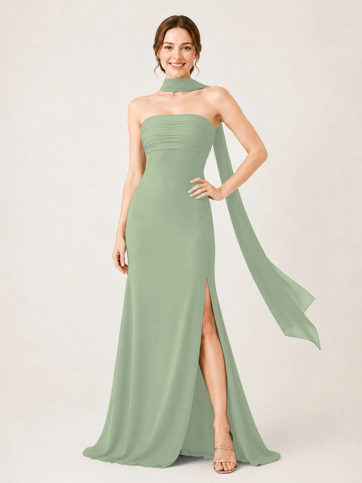 Chiffon Maxikleid mit Hohem Schlitz und Choker Band Staubiges Salbei