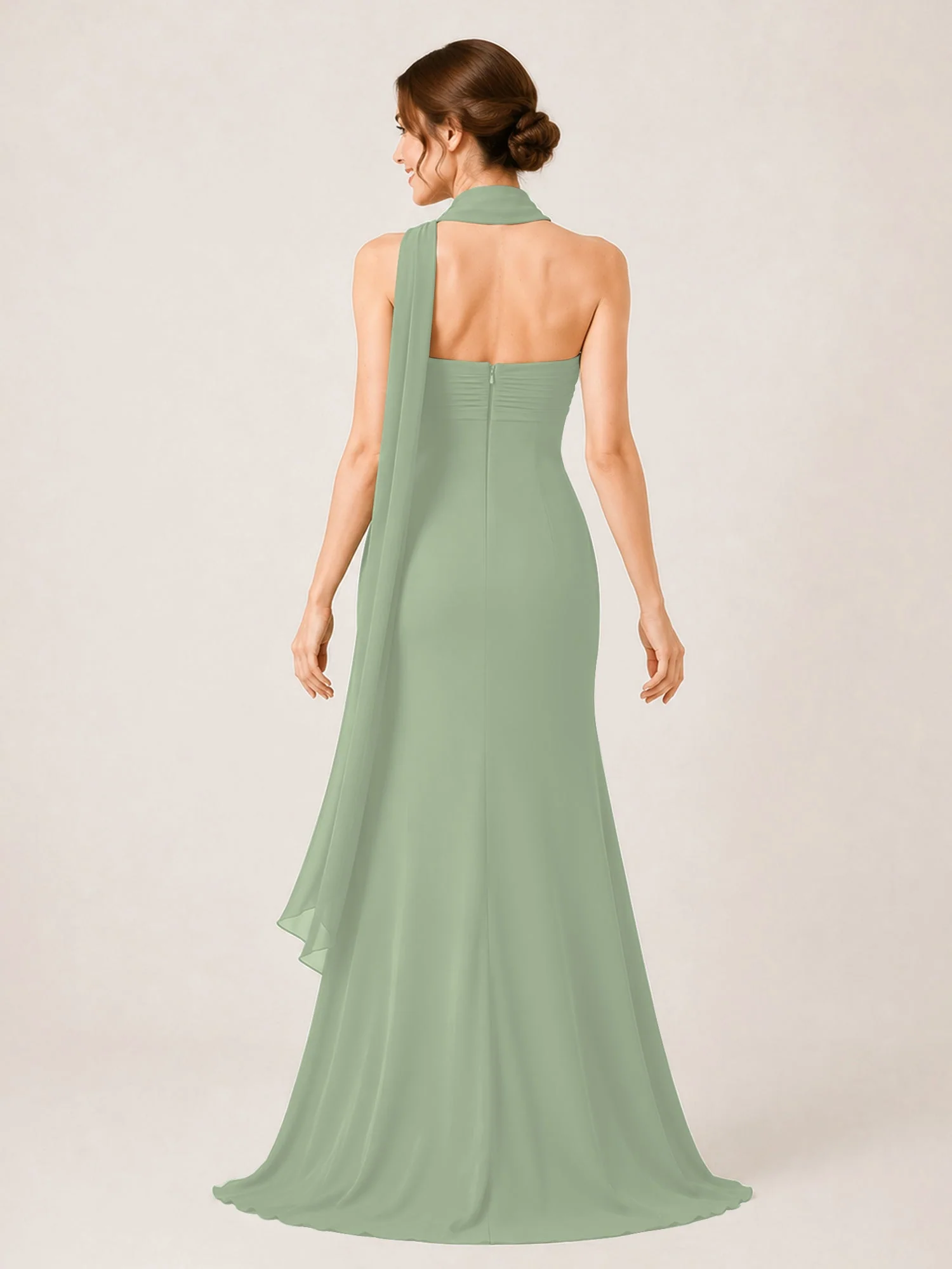 Chiffon Maxikleid mit Hohem Schlitz und Choker Band Staubiges Salbei - Image 2