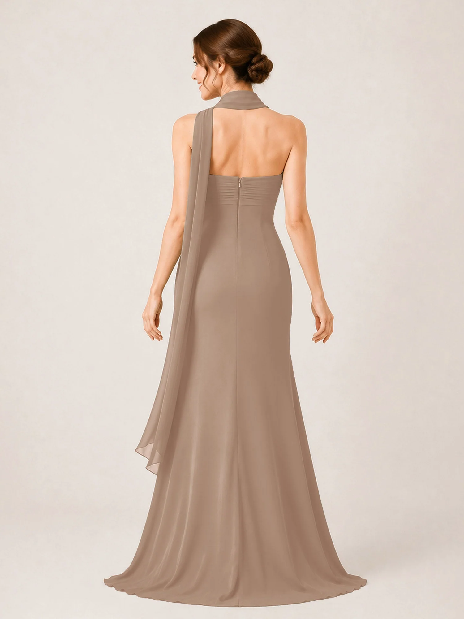 Chiffon Maxikleid mit Hohem Schlitz und Choker Band Taupe - Image 2
