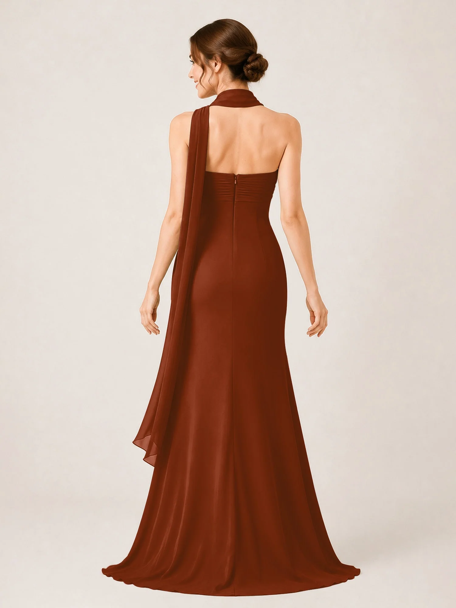 Chiffon Maxikleid mit Hohem Schlitz und Choker Band Terrakotta - Image 2
