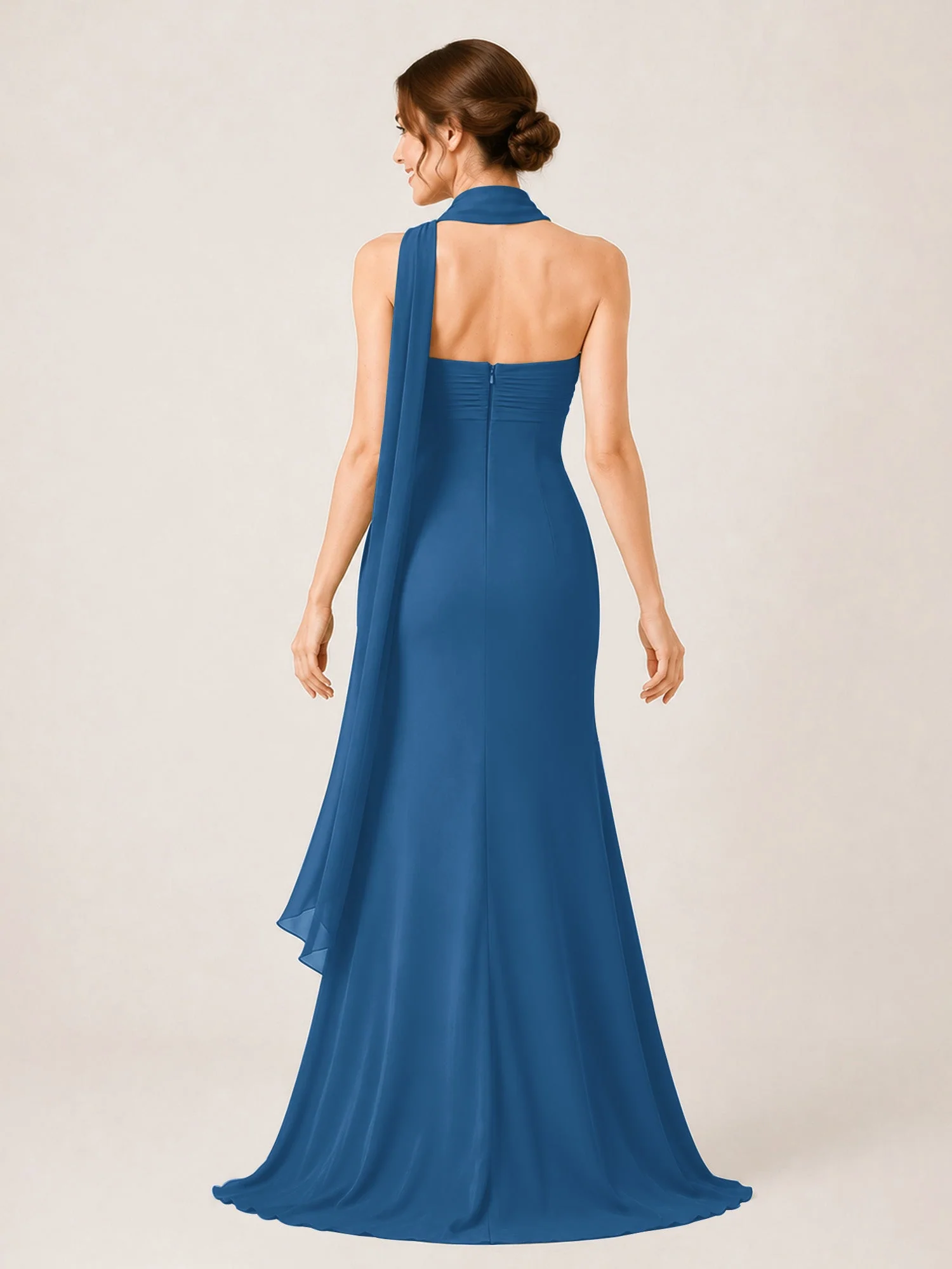 Chiffon Maxikleid mit Hohem Schlitz und Choker Band Tinte Blau - Image 2