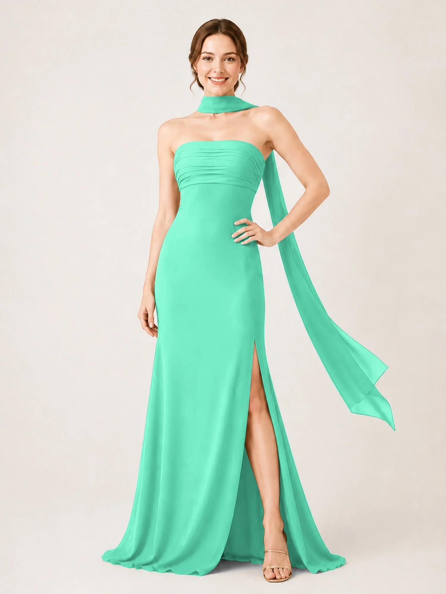 Chiffon Maxikleid mit Hohem Schlitz und Choker Band Türkis