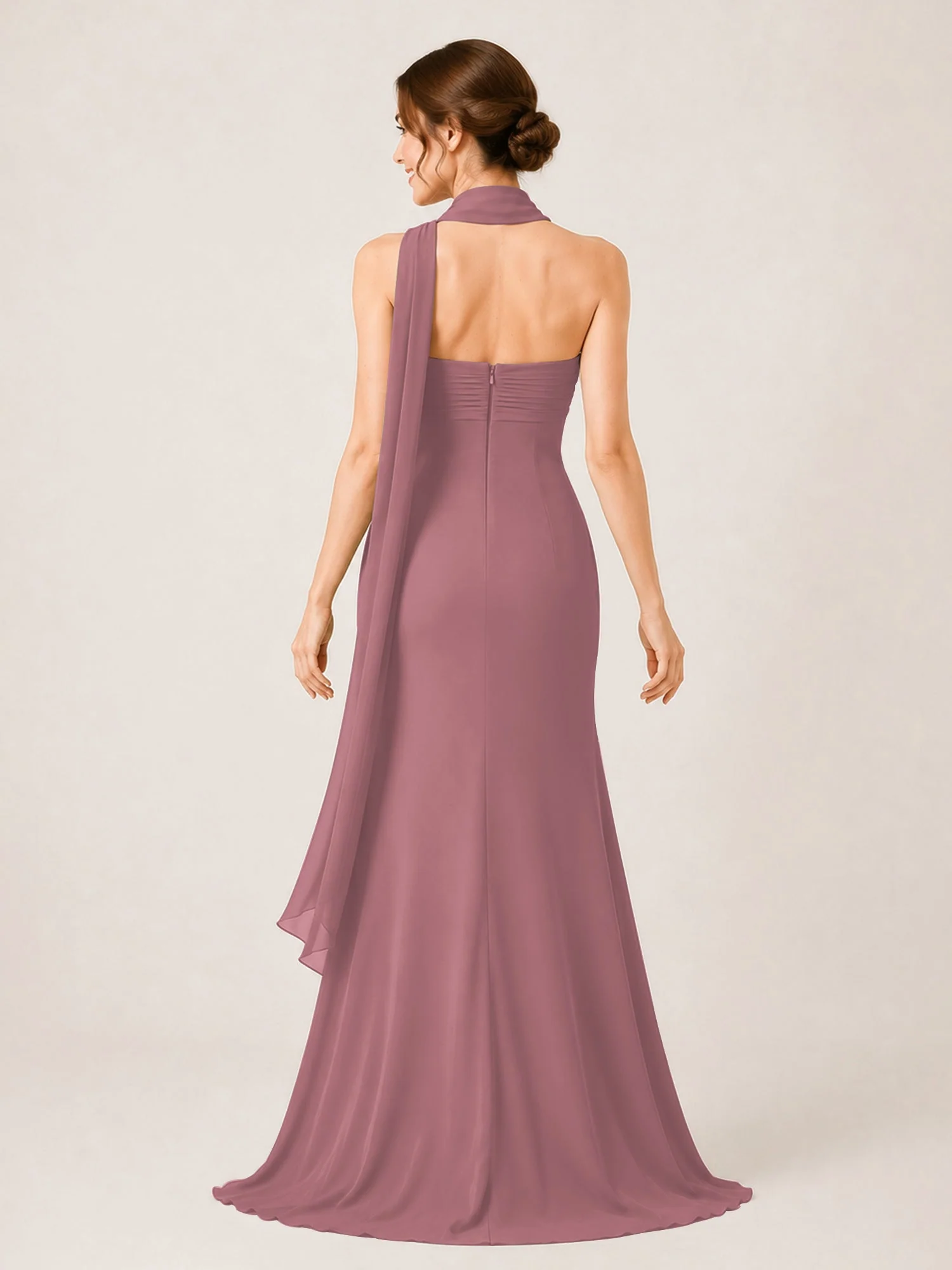 Chiffon Maxikleid mit Hohem Schlitz und Choker Band Vintage Mauve - Image 2