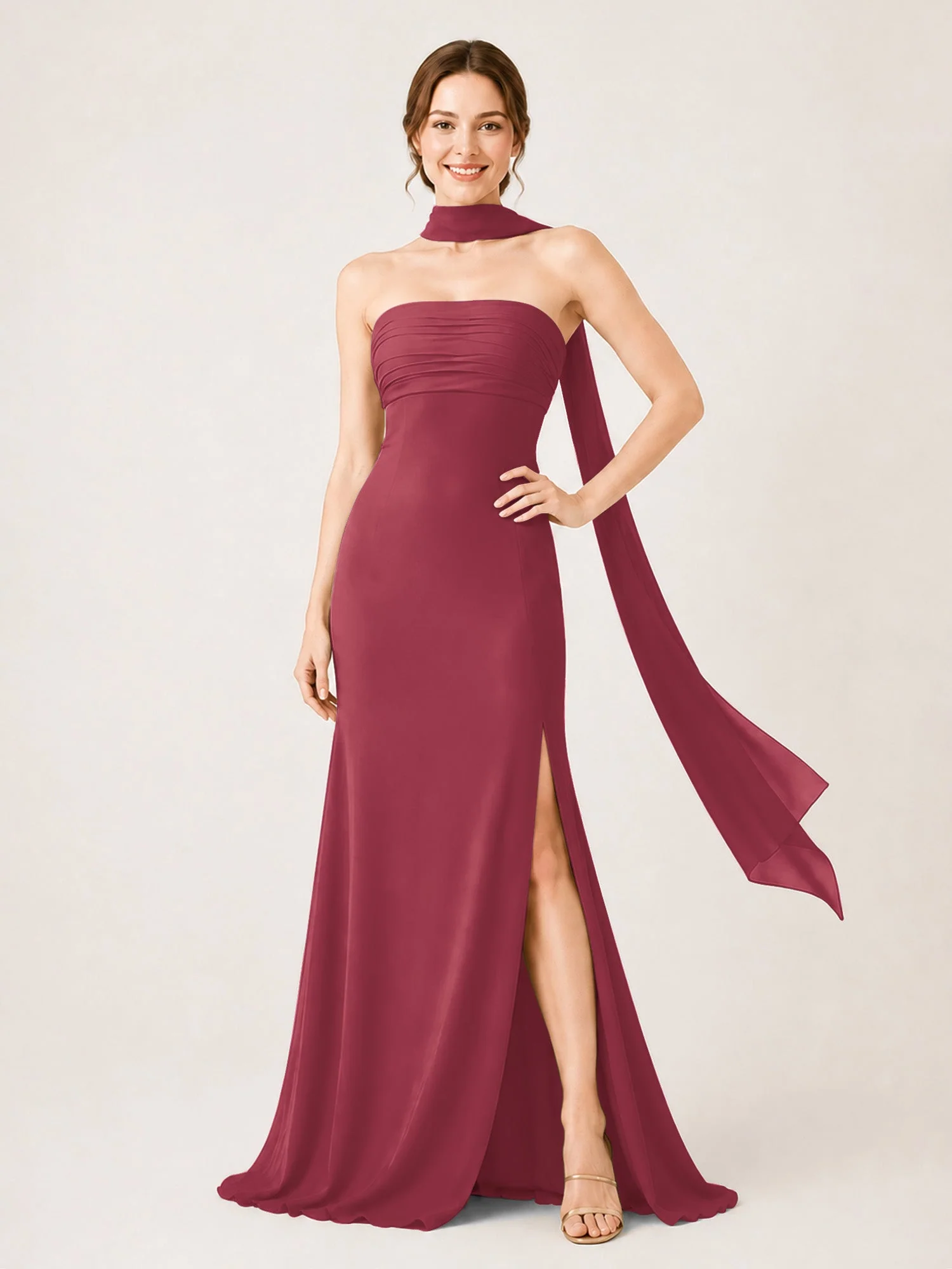 Chiffon Maxikleid mit Hohem Schlitz und Choker Band Zimtrose