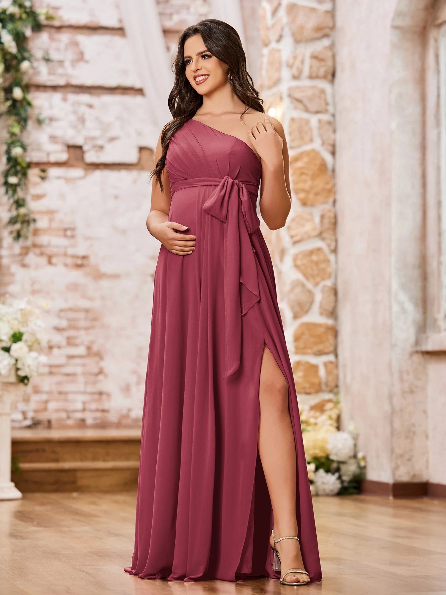 One-Shoulder-Chiffon Lange Kleider mit Gürtel Zimtrose