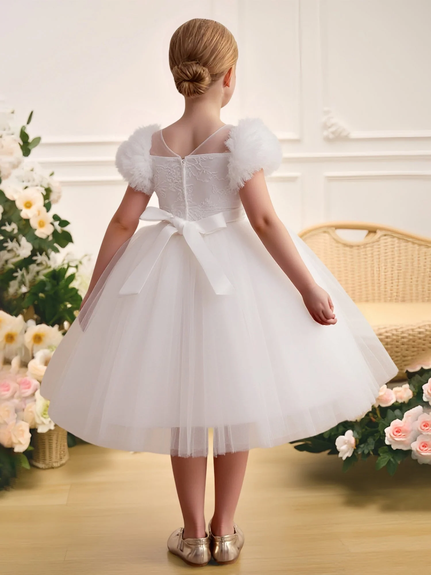 Perlen Trim Puff Ärmel Rücken Schleife Tüll Blumenmädchen Kleid Weiß - Image 2