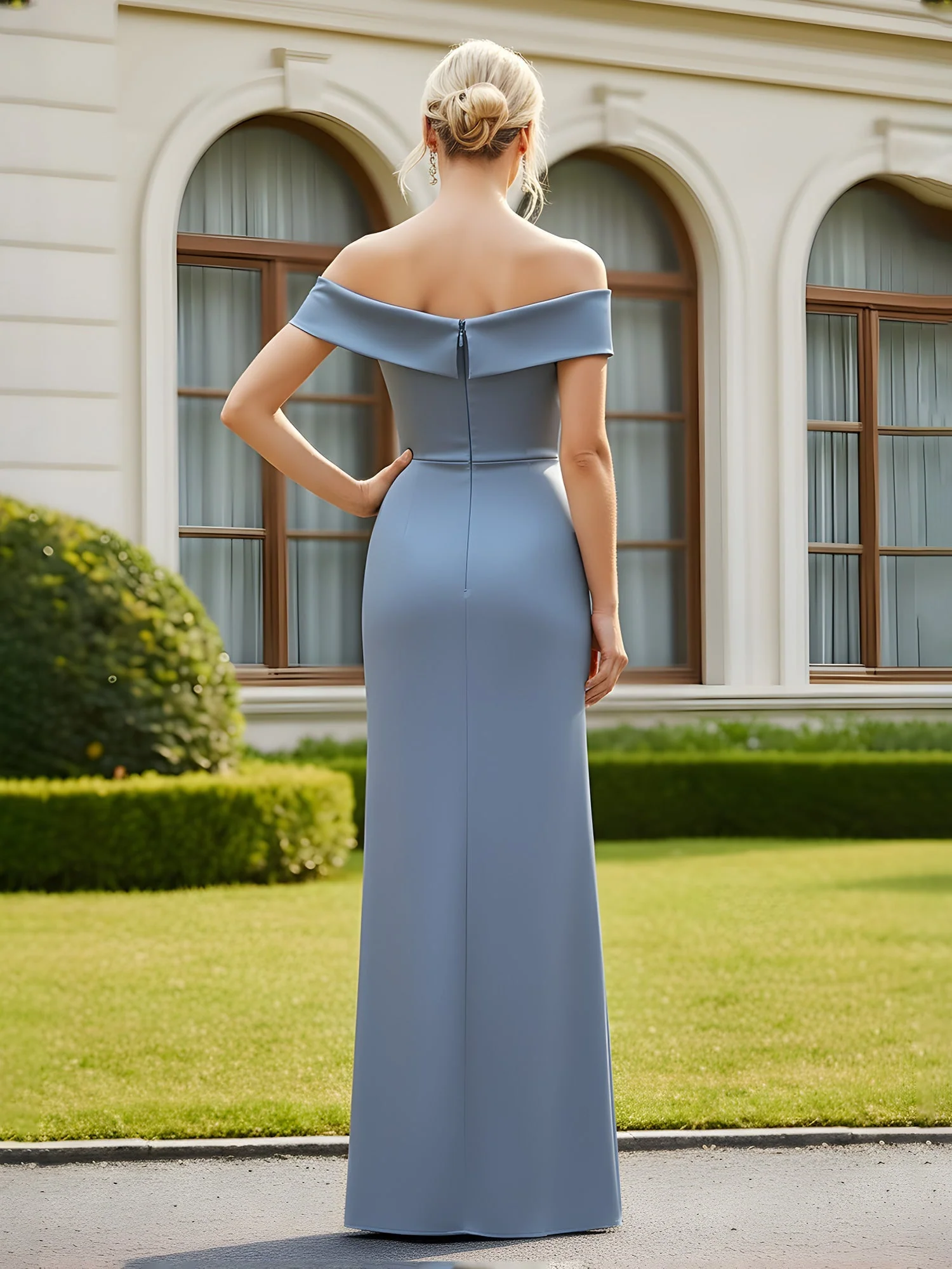 Plissee Schulterfrei Etui Lang A-Linie Kleid Silber - Image 2