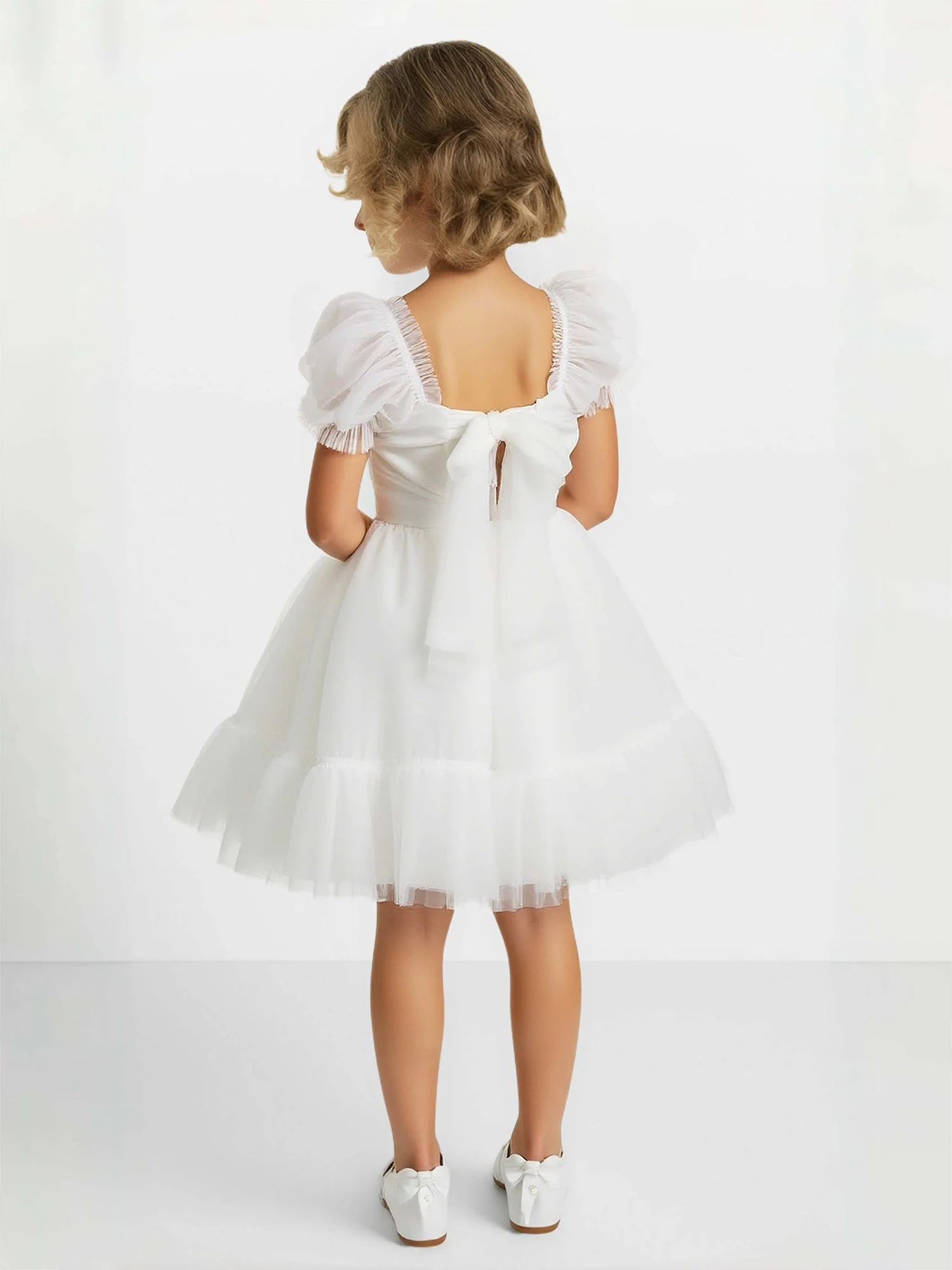 Elegant Quadratischer Ausschnitt Knielang Tüll Blumenmädchen Kleid Elfenbein - Image 2