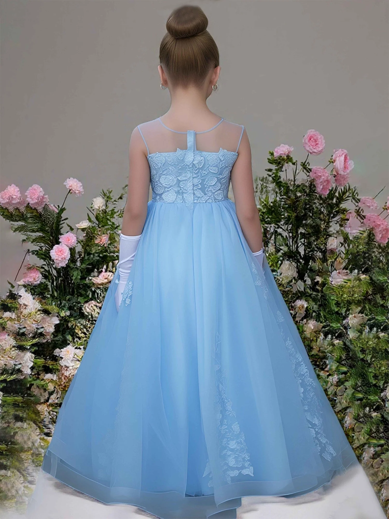 Illusion Ausschnitt Schmetterling Applique Tüll Blumenmädchen Kleid Blau - Image 2