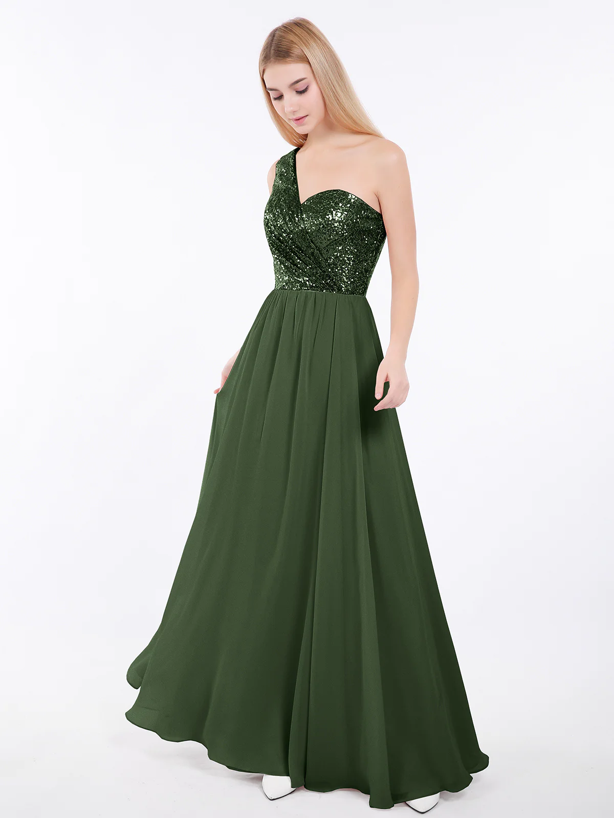 Paillette Mieder Chiffon Kleid Olivgrün - Image 3
