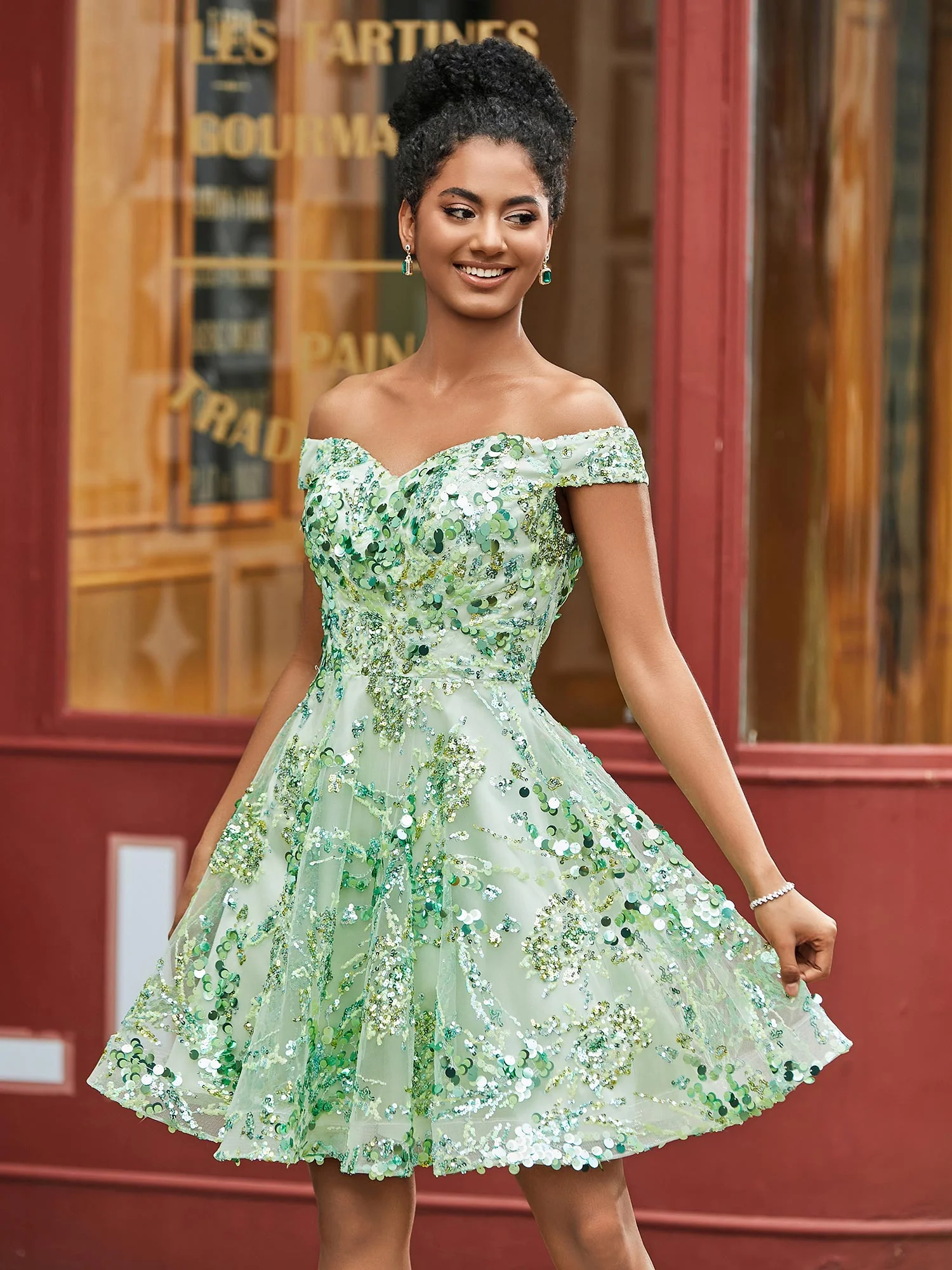 Pailletten A-Linie Schulterfreies kurzes HOCO Kleid Salbei