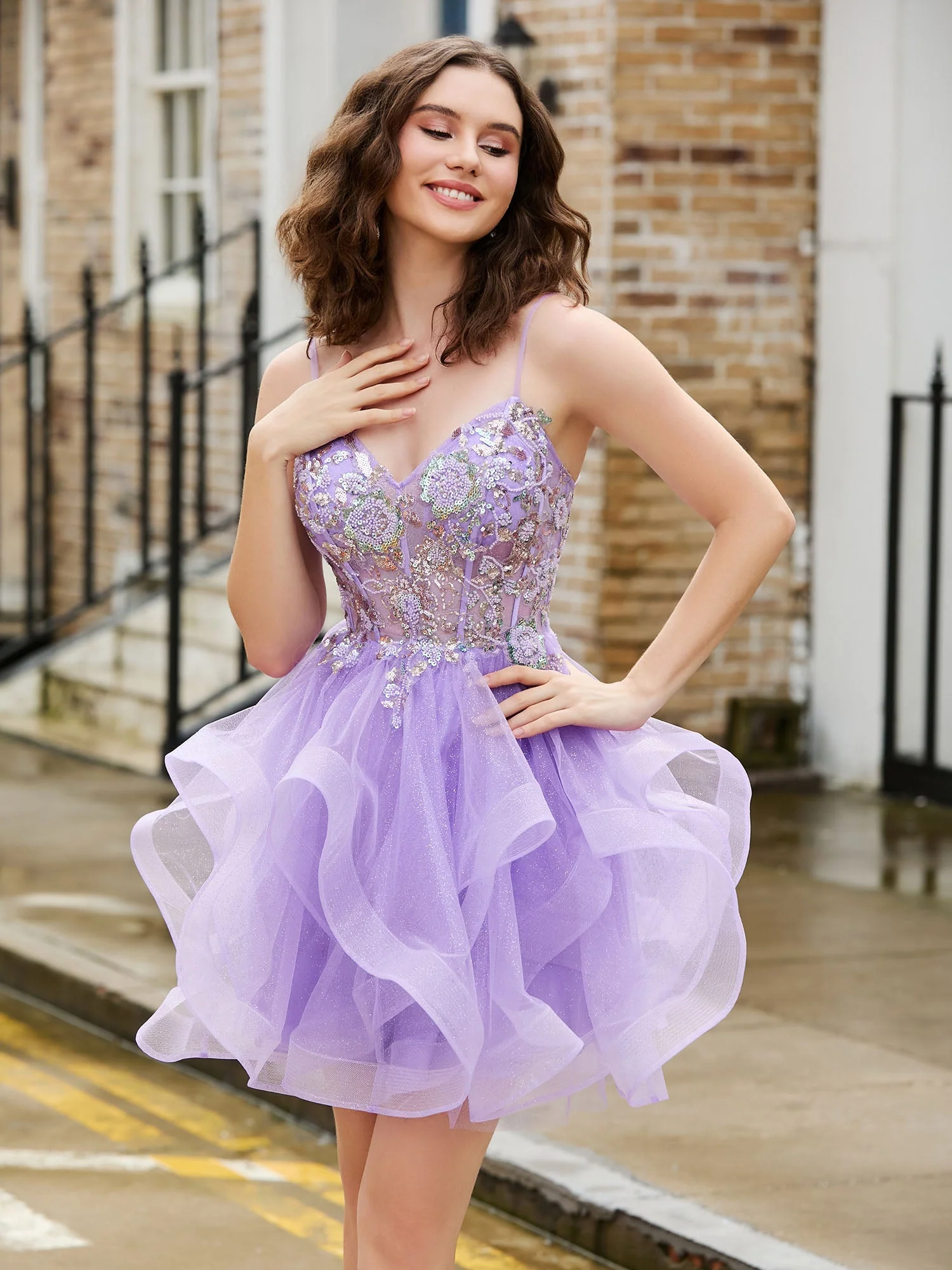 Pailletten-Korsett-Oberteil glitzerndes kurzes Tüllkleid Lila - Image 3
