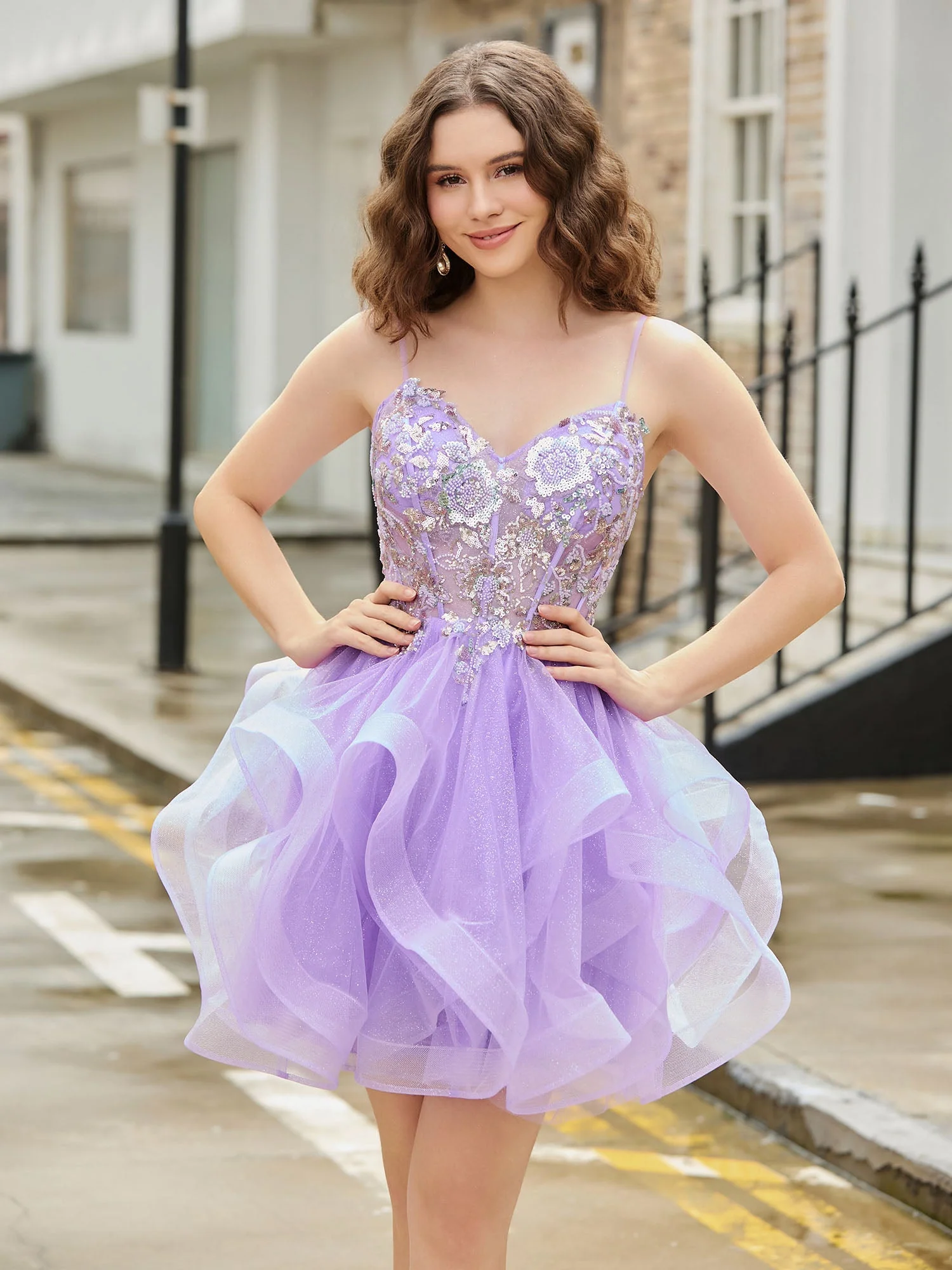 Pailletten-Korsett-Oberteil glitzerndes kurzes Tüllkleid Lila - Image 4