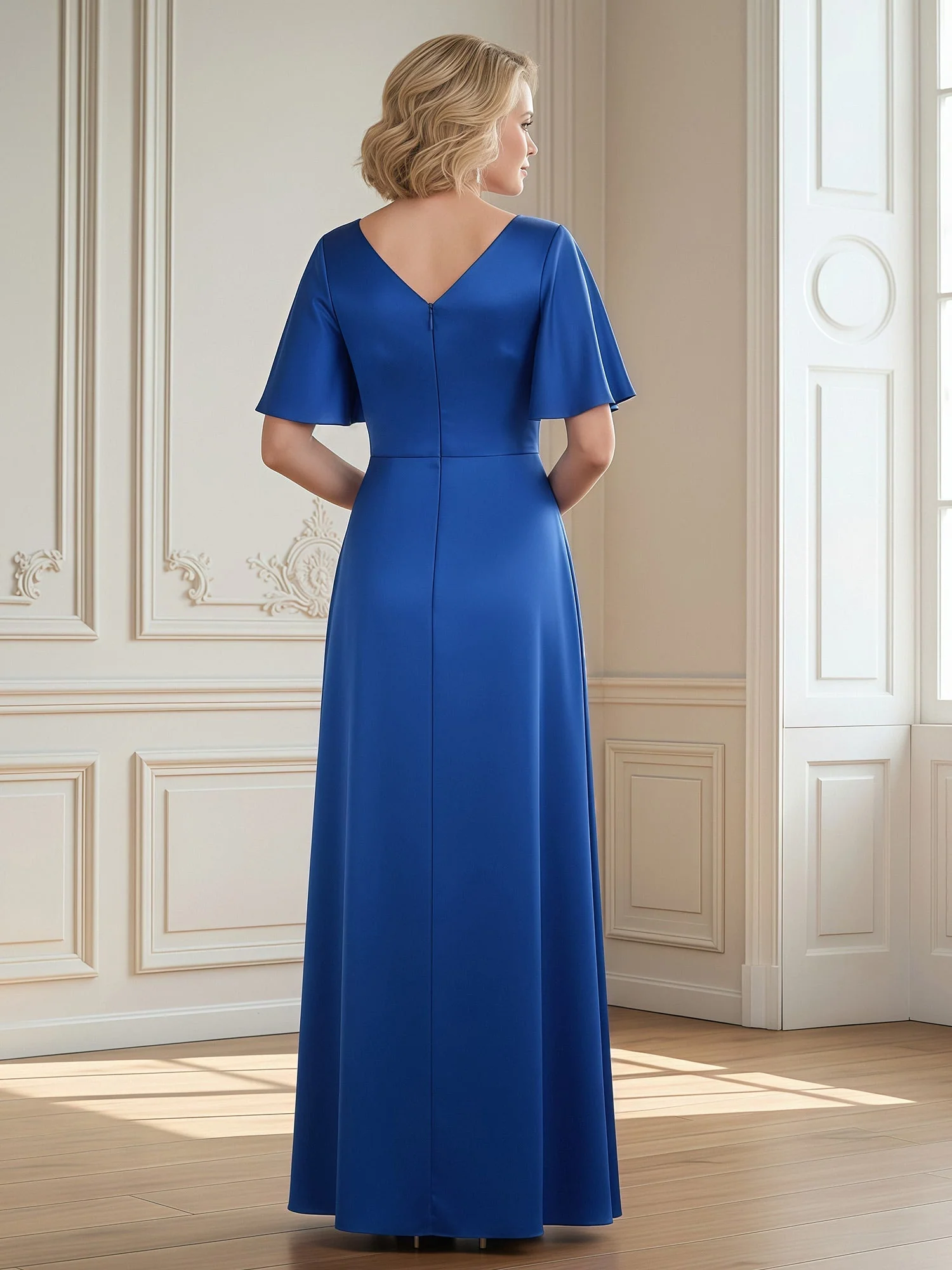Maxikleid mit V Ausschnitt Volantaermeln und Schlitz Schwarz - Image 2
