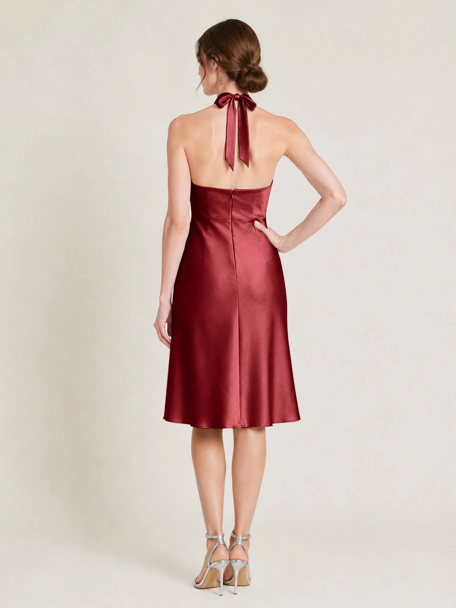 Knielanges Satin A-Linien Kleid mit Offenem Rücken Burgunderrot - Image 2