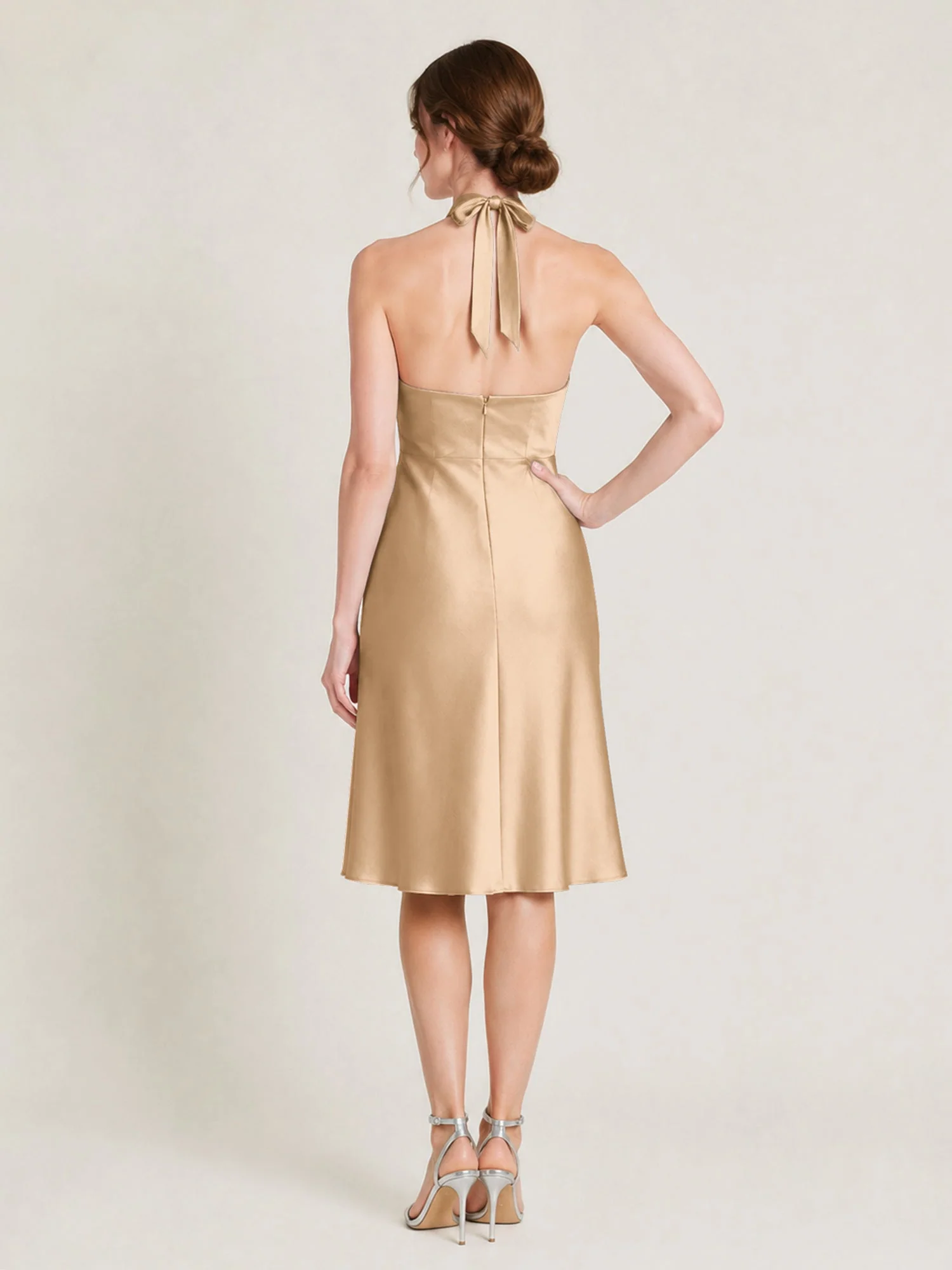 Knielanges Satin A-Linien Kleid mit Offenem Rücken Champagner - Image 2