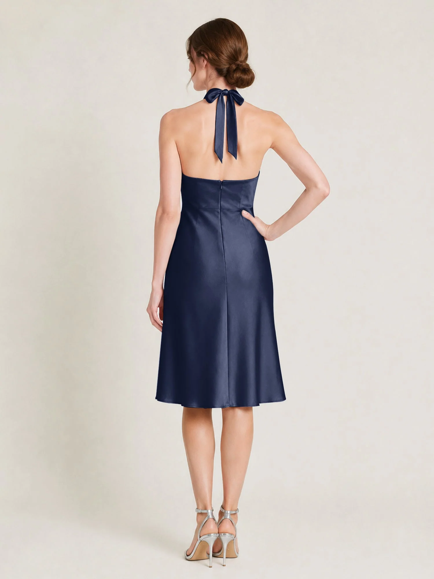 Knielanges Satin A-Linien Kleid mit Offenem Rücken Dunkelmarine - Image 2