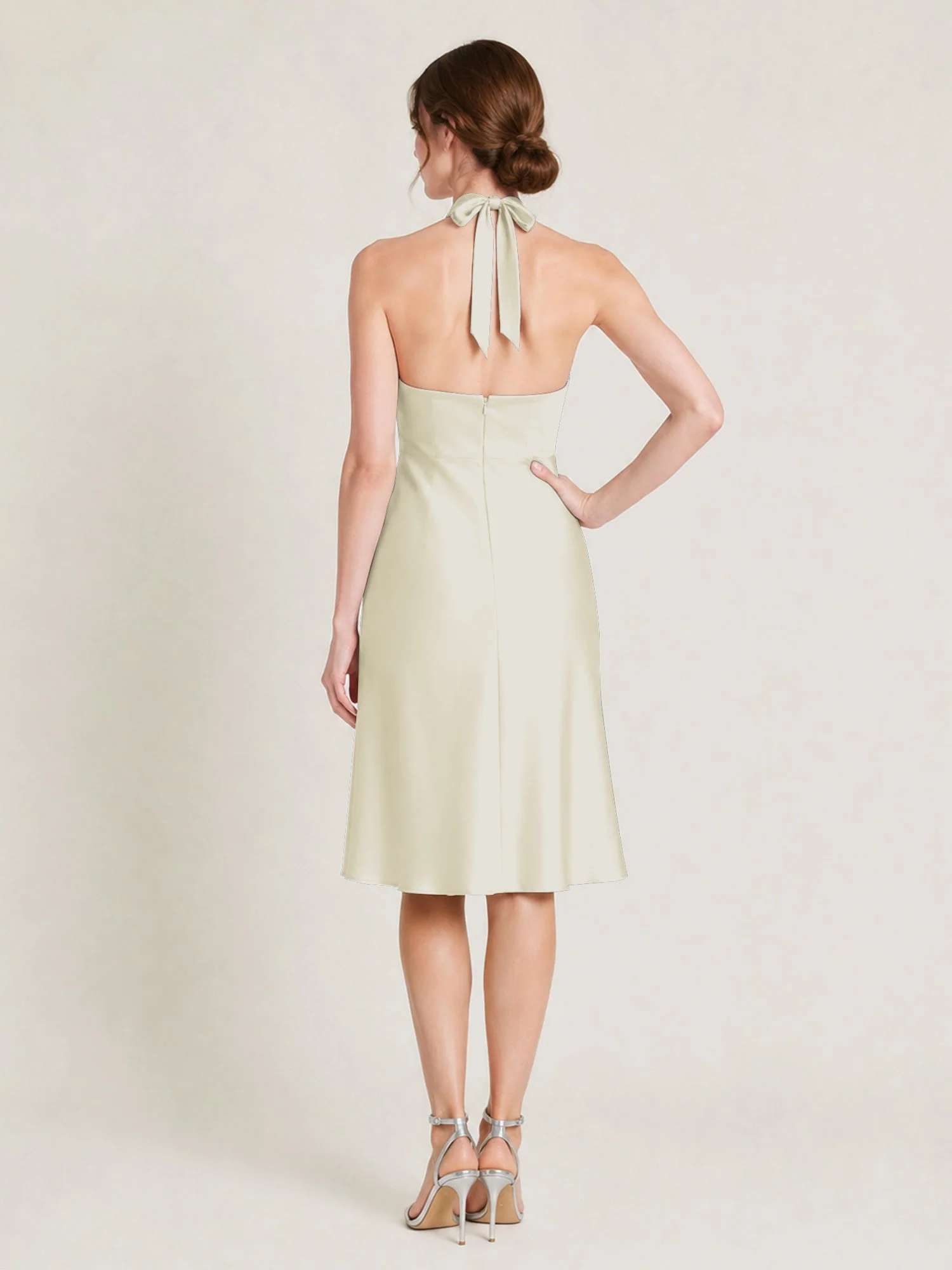 Knielanges Satin A-Linien Kleid mit Offenem Rücken Elfenbein - Image 2