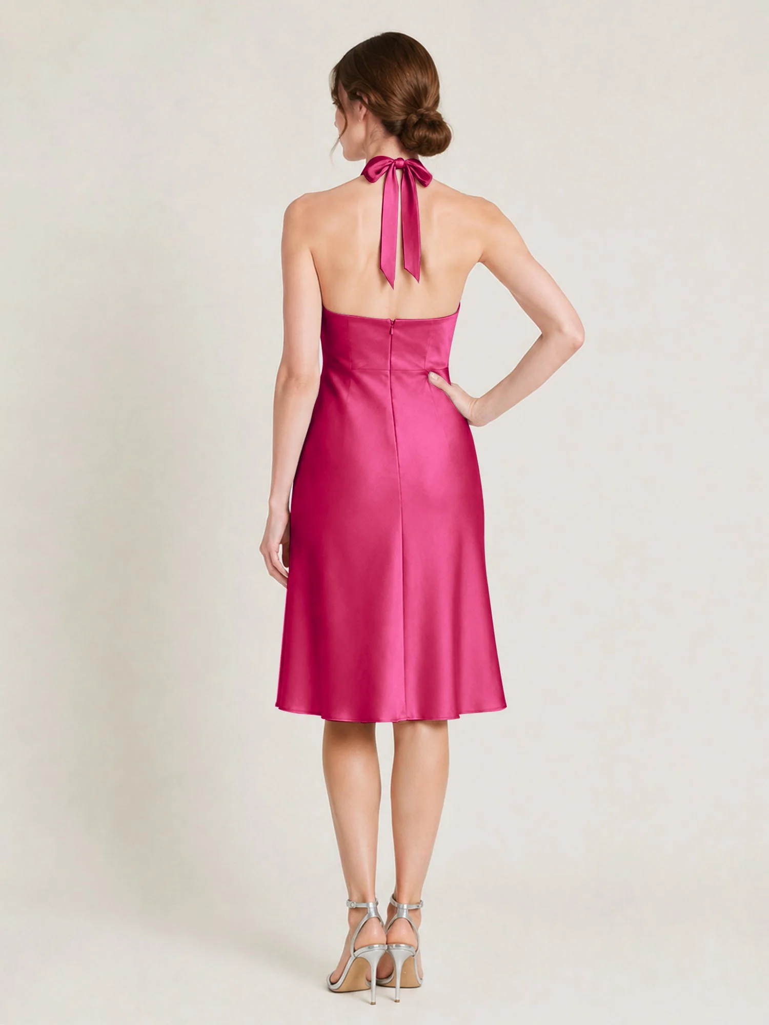 Knielanges Satin A-Linien Kleid mit Offenem Rücken Fuchsia - Image 2