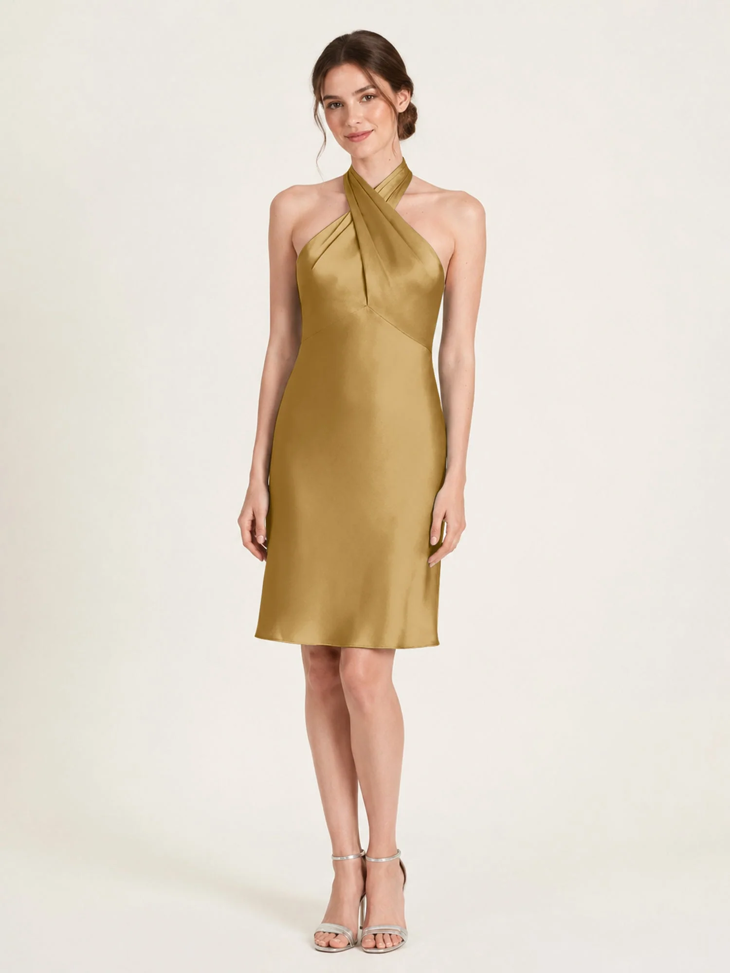 Knielanges Satin A-Linien Kleid mit Offenem Rücken Gold
