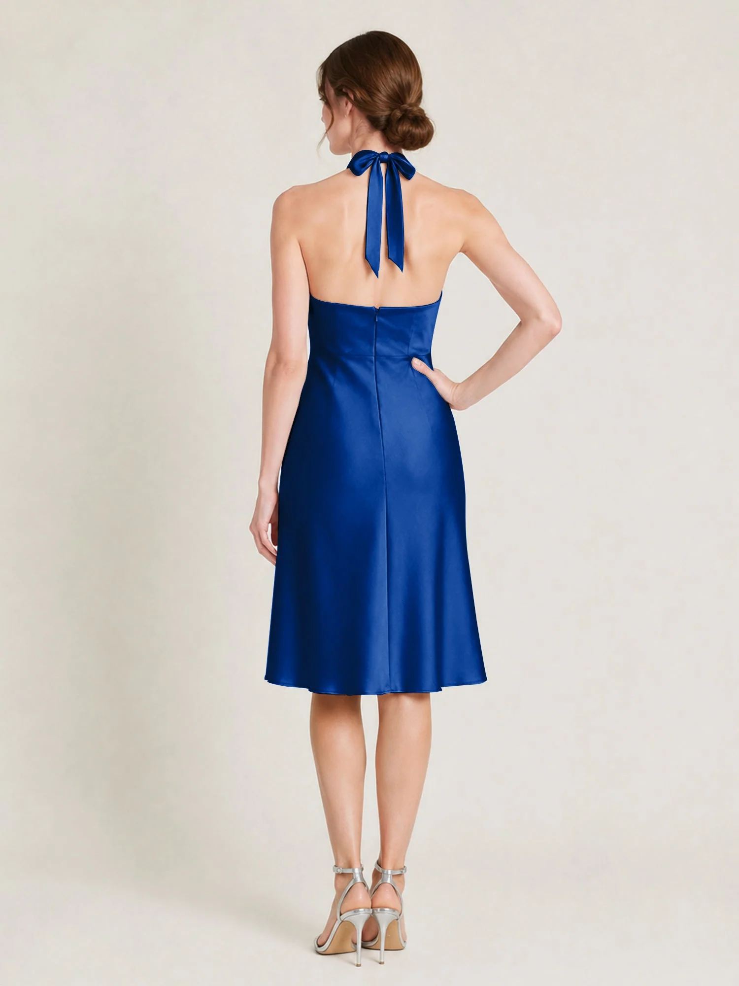 Knielanges Satin A-Linien Kleid mit Offenem Rücken Königsblau - Image 2