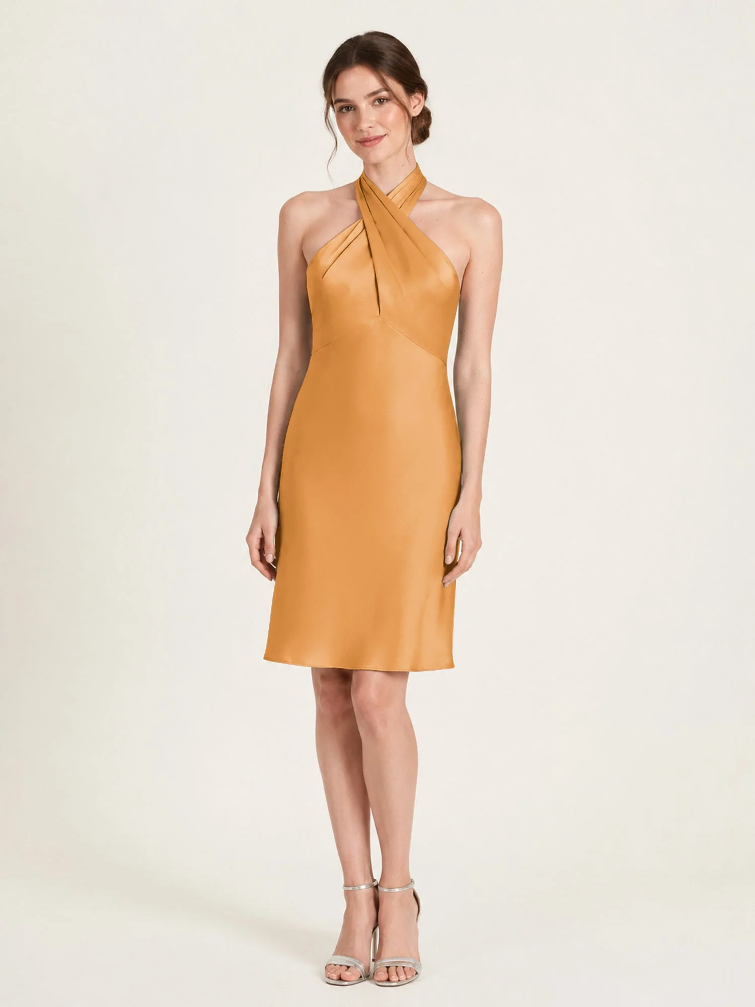 Knielanges Satin A-Linien Kleid mit Offenem Rücken Mandarine