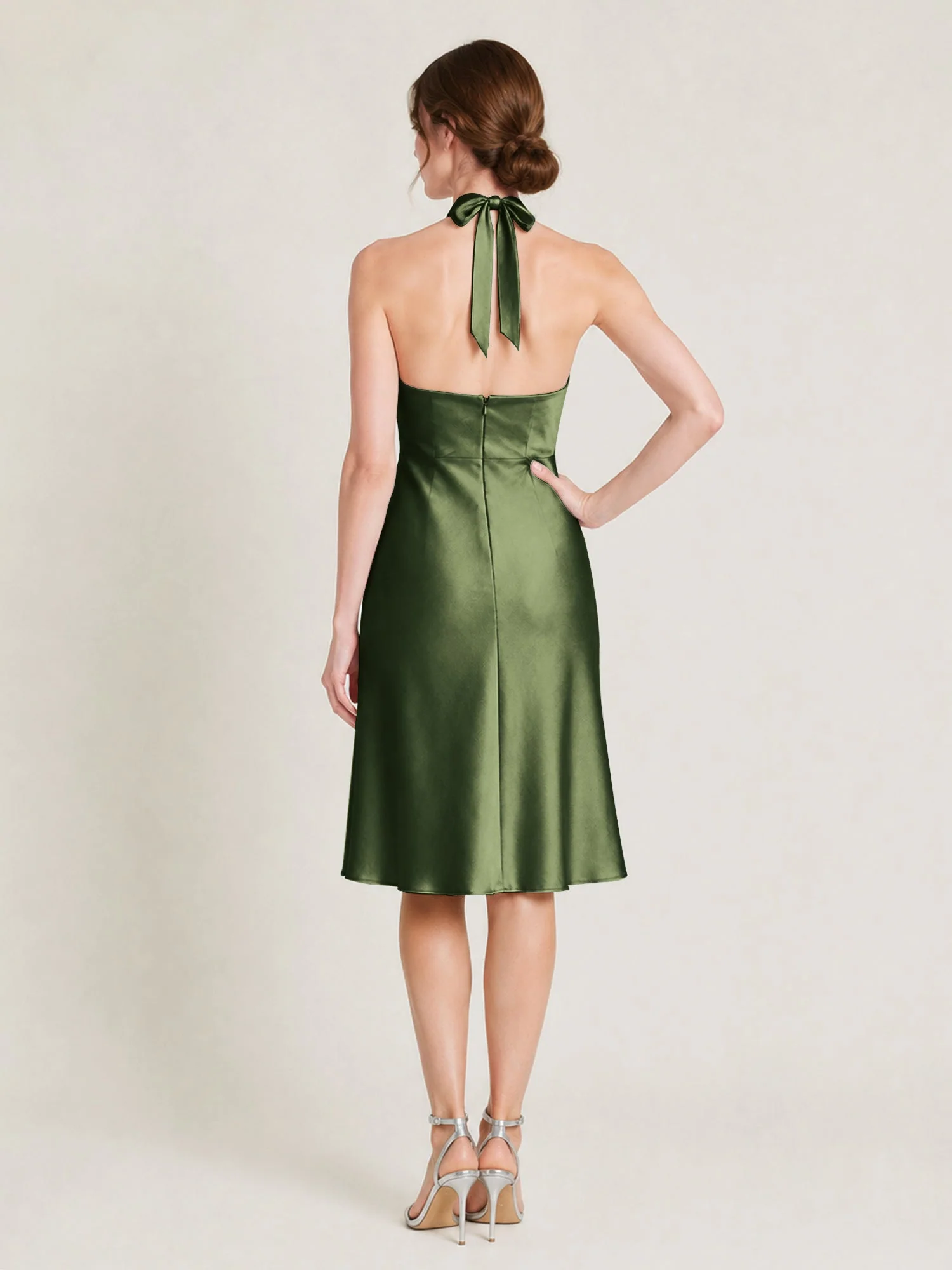 Knielanges Satin A-Linien Kleid mit Offenem Rücken Olivgrün - Image 2