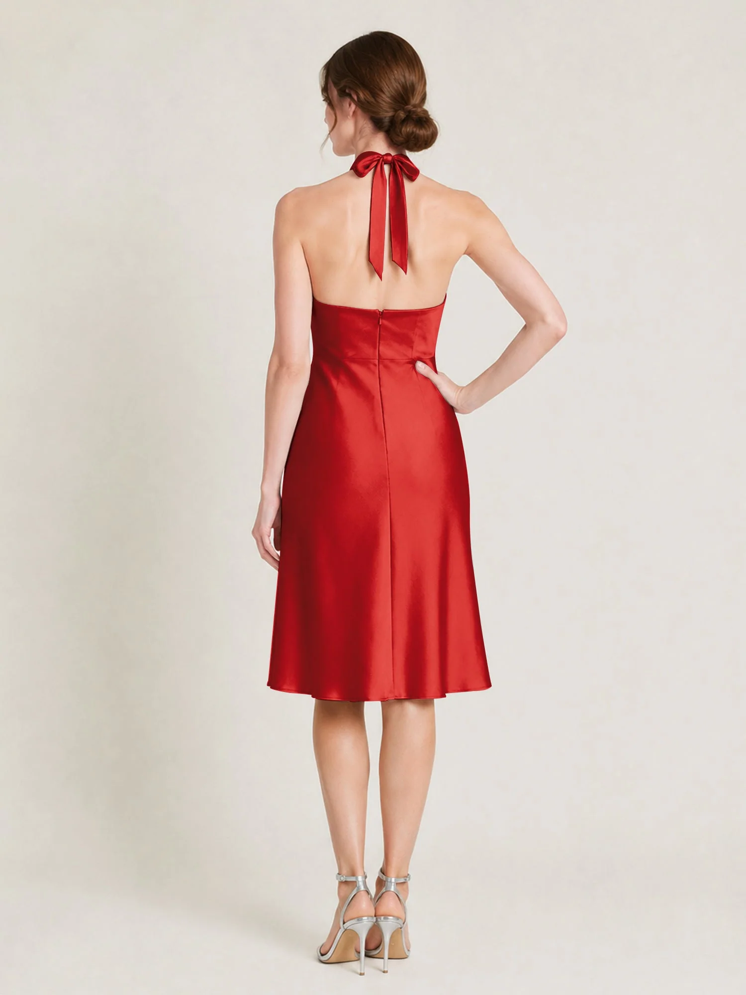 Knielanges Satin A-Linien Kleid mit Offenem Rücken Rot - Image 2