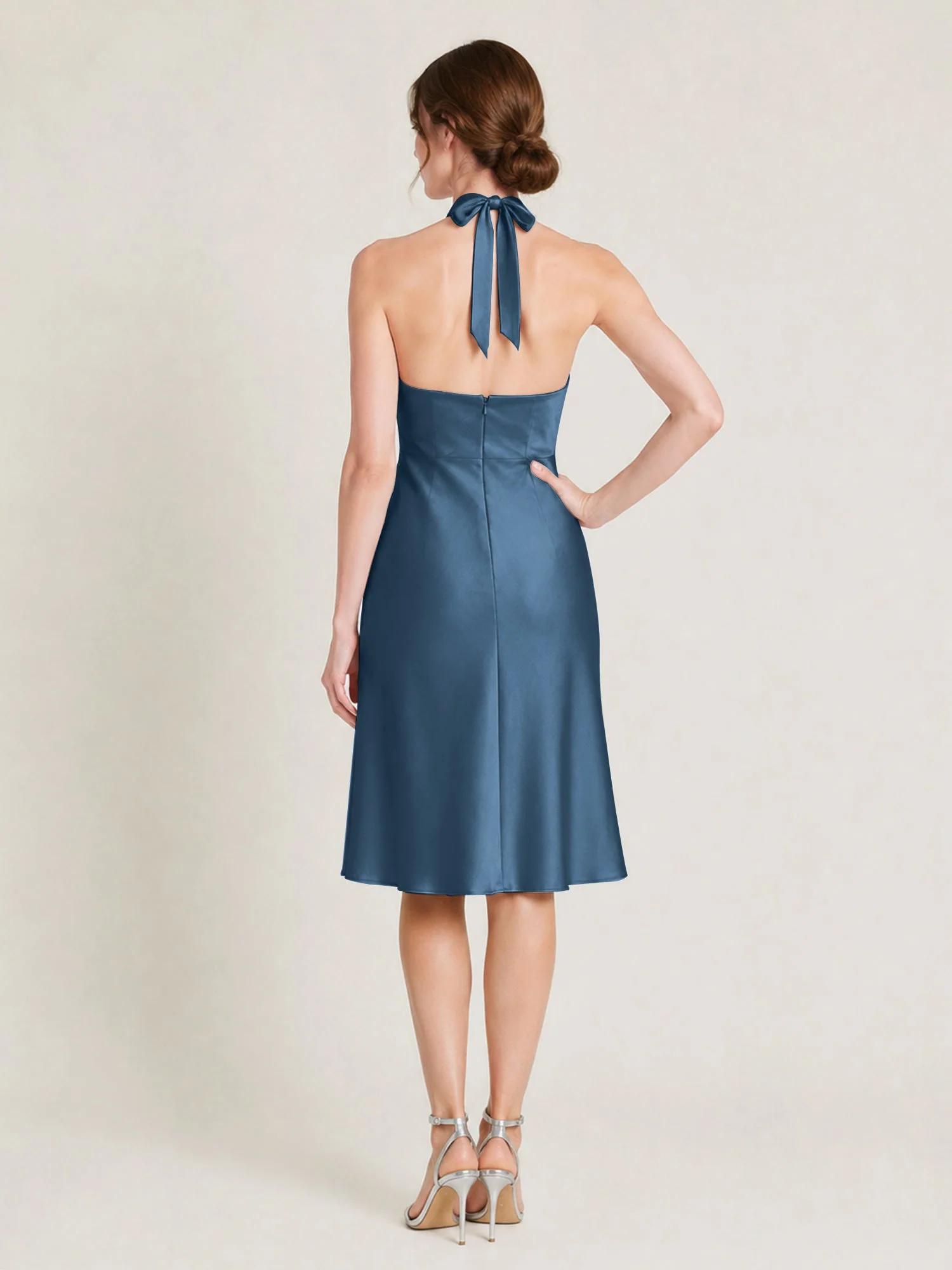 Knielanges Satin A-Linien Kleid mit Offenem Rücken Schiefer Blau - Image 2
