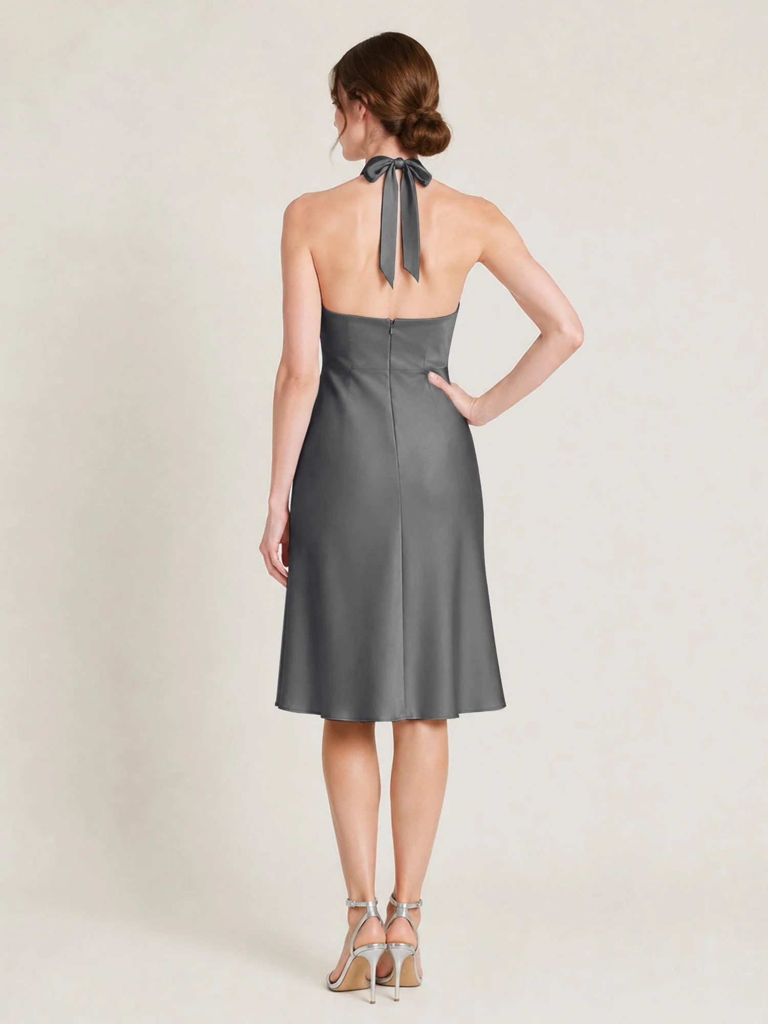 Knielanges Satin A-Linien Kleid mit Offenem Rücken Stahlgrau - Image 2