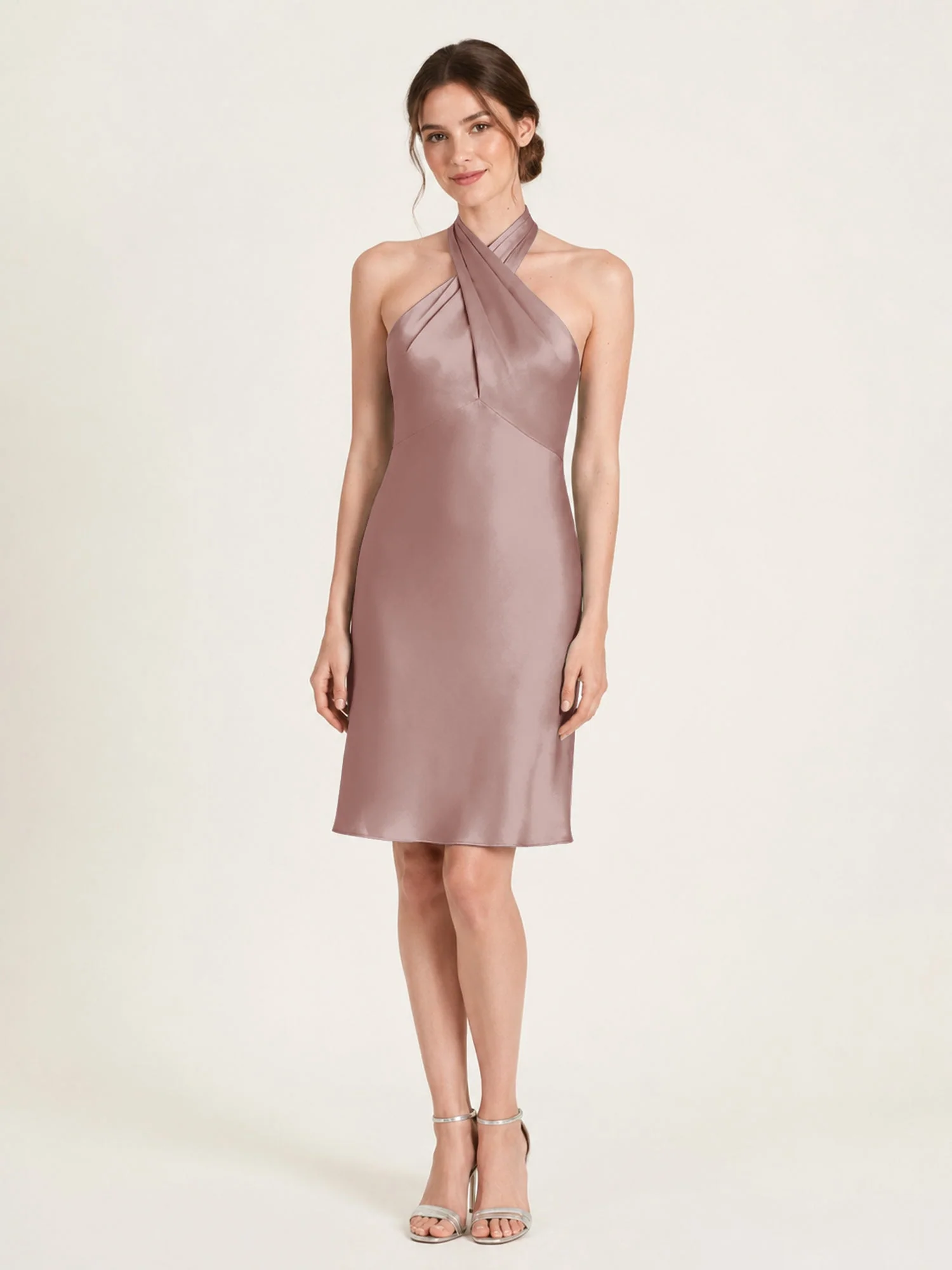 Knielanges Satin A-Linien Kleid mit Offenem Rücken Staubige Rosa