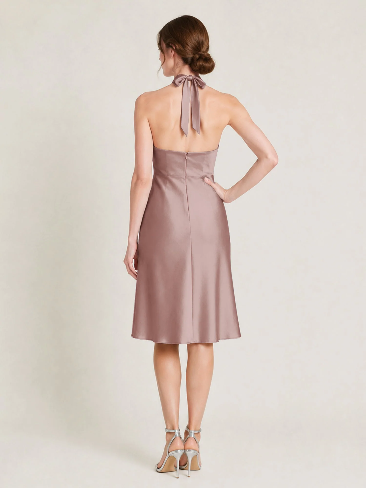 Knielanges Satin A-Linien Kleid mit Offenem Rücken Staubige Rosa - Image 2