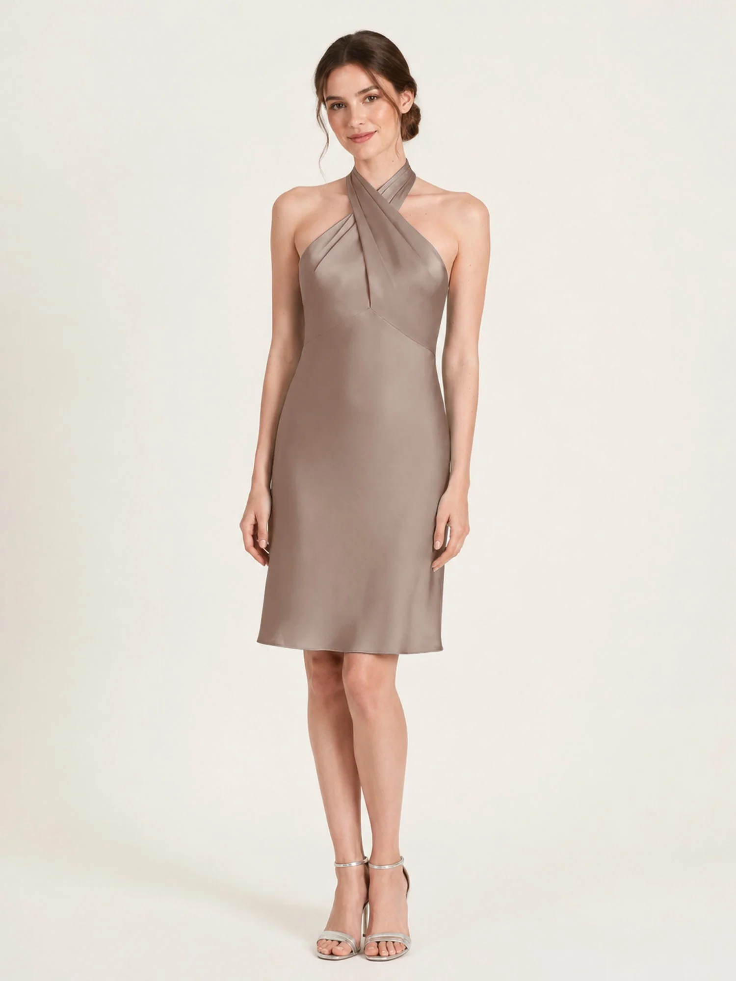 Knielanges Satin A-Linien Kleid mit Offenem Rücken Taupe